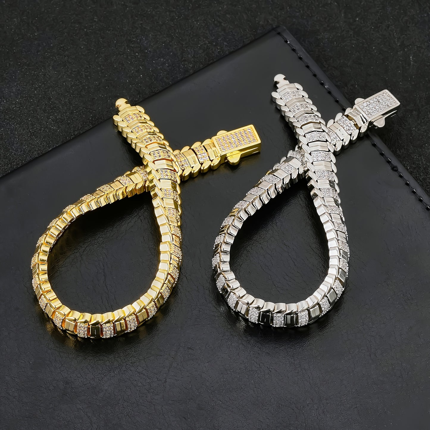 1pz ICEDCHICS Braccialetto Hip Hop 9mm Osso di Serpente Poligonale - Tonalità Dorata con Pietre Sintetiche Scintillanti, Gioielleria Unisex per Natale, San Valentino e Anniversari, Stile Catena Audace, Finitura di Alta Qualità