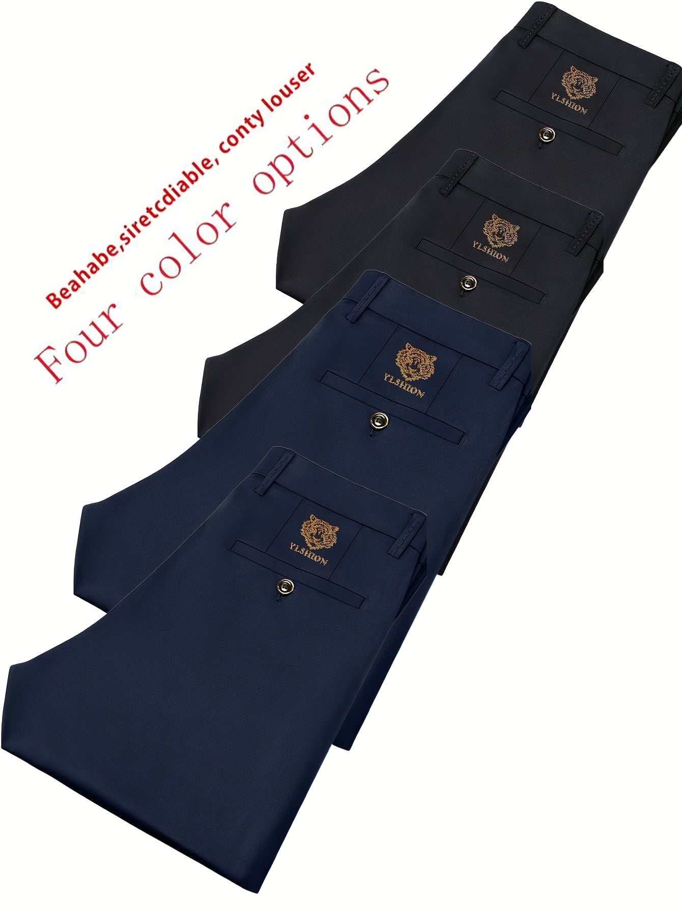 4pcs Pantaloni Eleganti Casual da Uomo a Gamba Dritta - Tessuto Elasticizzato Poliestere/Elastan, Tasche con Stampa Animalier, Comfort per Tutte le Stagioni, Solo Lavaggio a Mano (Beige/Navy/Grigio Carbone/Rosso)