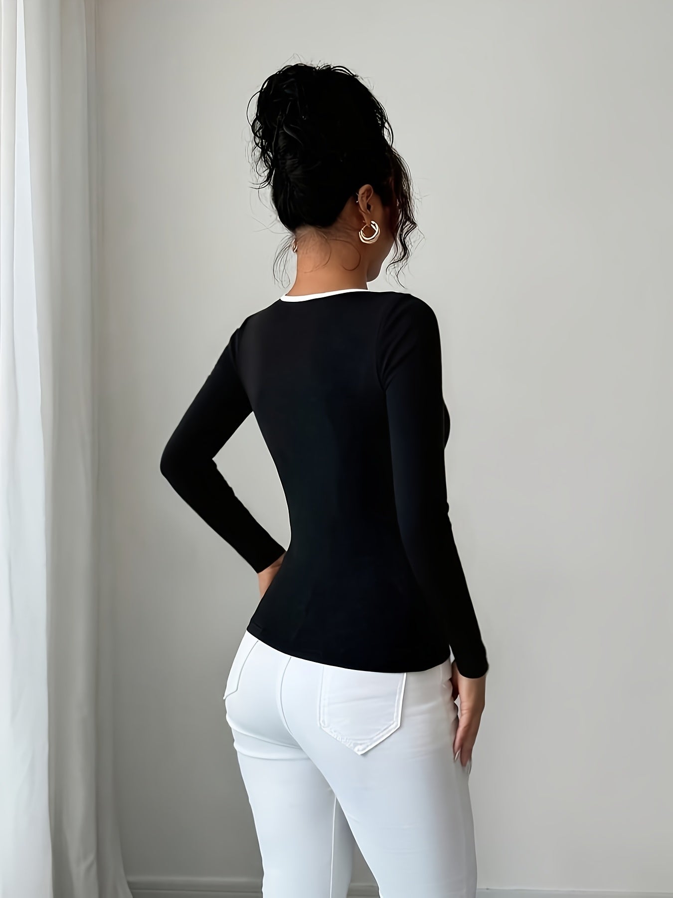 Women's Elegant Black & White Contrast Long Sleeve T-Shirt with Round Neck & Decorative Collar - Mid-Stretch Office to Casual Top, Faux Pocket Design, Spring/Fall Wardrobe Essential (Hand Washable, Non-See-Through)
