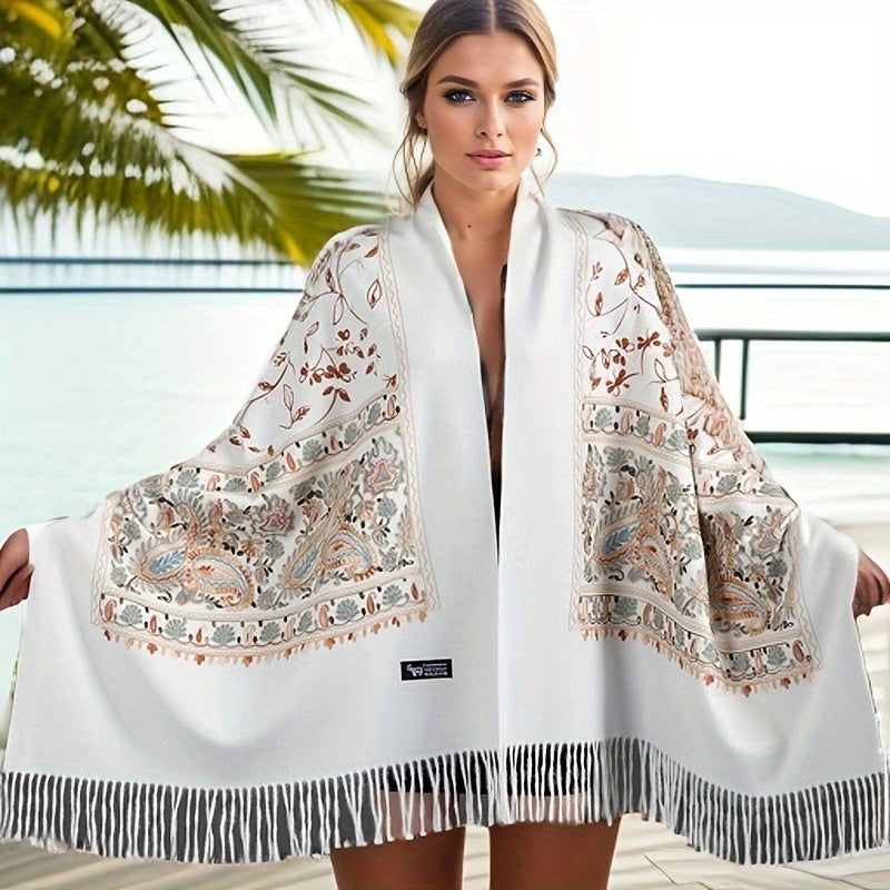 Abbigliamento esterno ricamato floreale stagionale bohemien, sciarpa ricamata in vintage per primavera e autunno, scialle versatile, sciarpa etnica, scialle di grandi dimensioni per il calore.