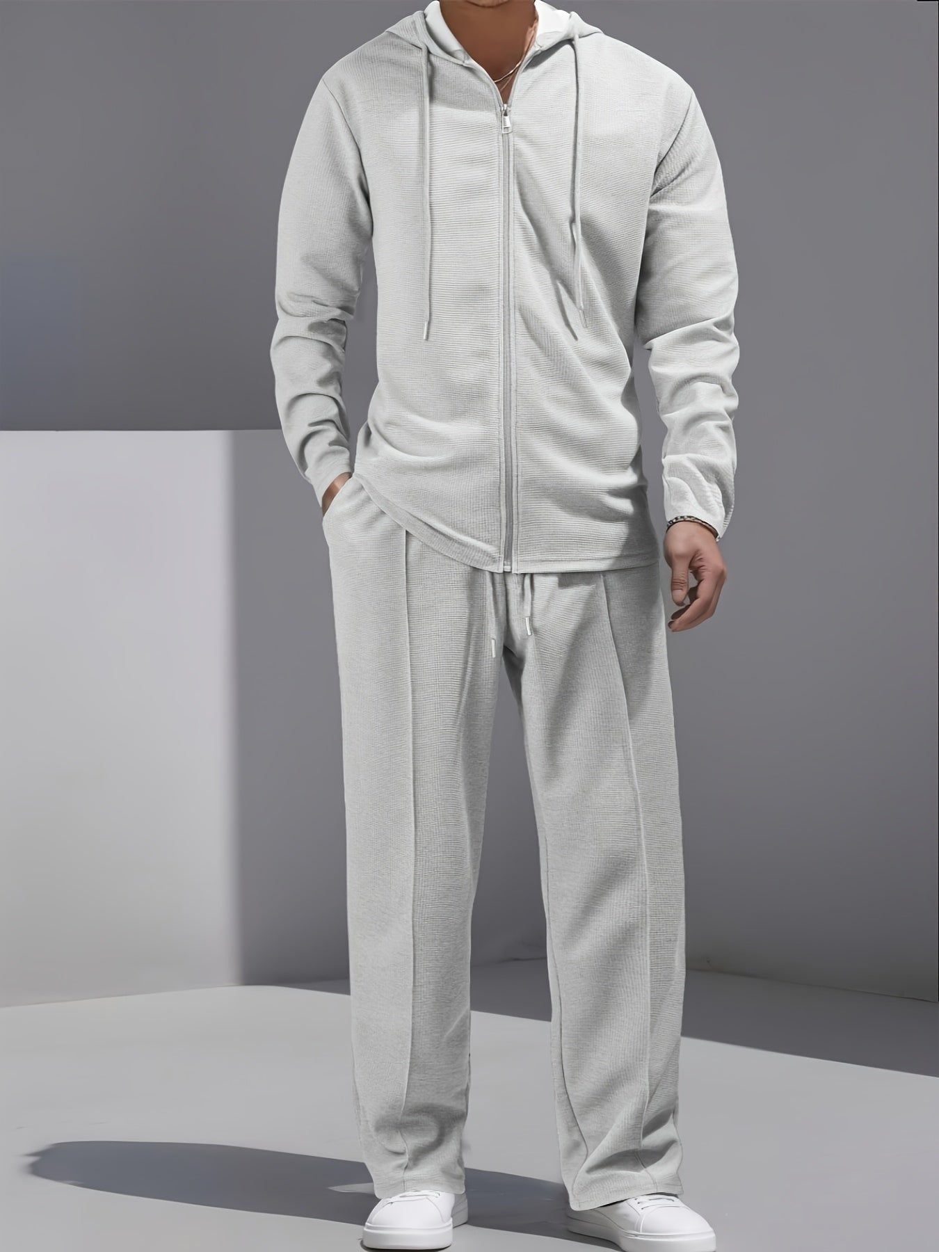 Set di 2 pezzi per uomo con cardigan con cappuccio e zip e pantaloni con coulisse - Pullover casual a maniche lunghe con tasche frontali, colore solido, outfit comodo per la primavera/autunno, abbigliamento per la primavera/autunno | Pullover con cappucci