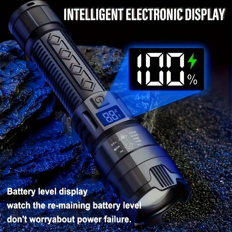 Set di 2 torce LED ricaricabili, design compatto con zoom regolabile e indicatore del livello di batteria, che offre tre opzioni di illuminazione adatte per attività all'aperto, campeggio, lavoro e situazioni di emergenza.