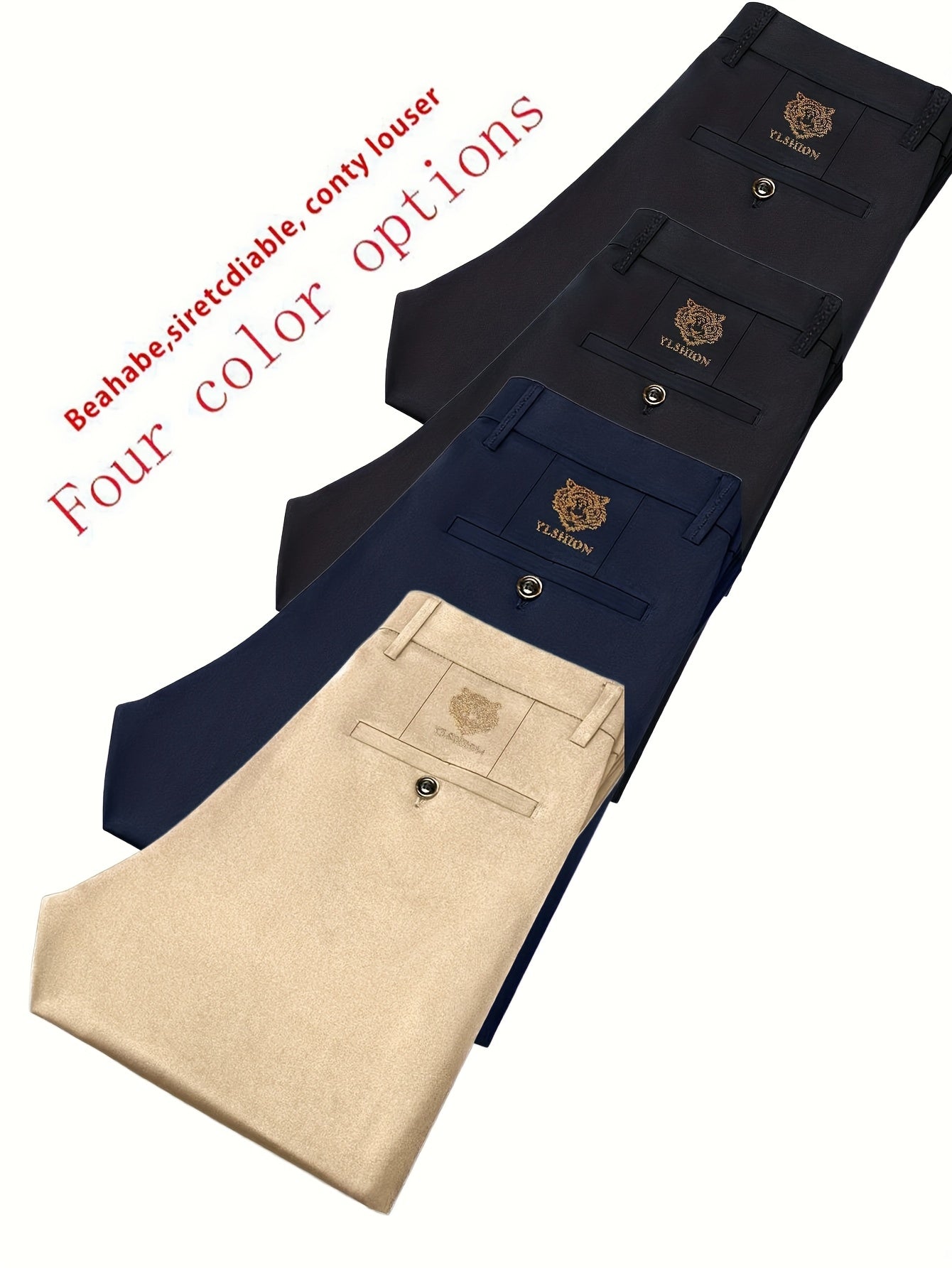 4pcs Pantaloni Eleganti Casual da Uomo a Gamba Dritta - Tessuto Elasticizzato Poliestere/Elastan, Tasche con Stampa Animalier, Comfort per Tutte le Stagioni, Solo Lavaggio a Mano (Beige/Navy/Grigio Carbone/Rosso)