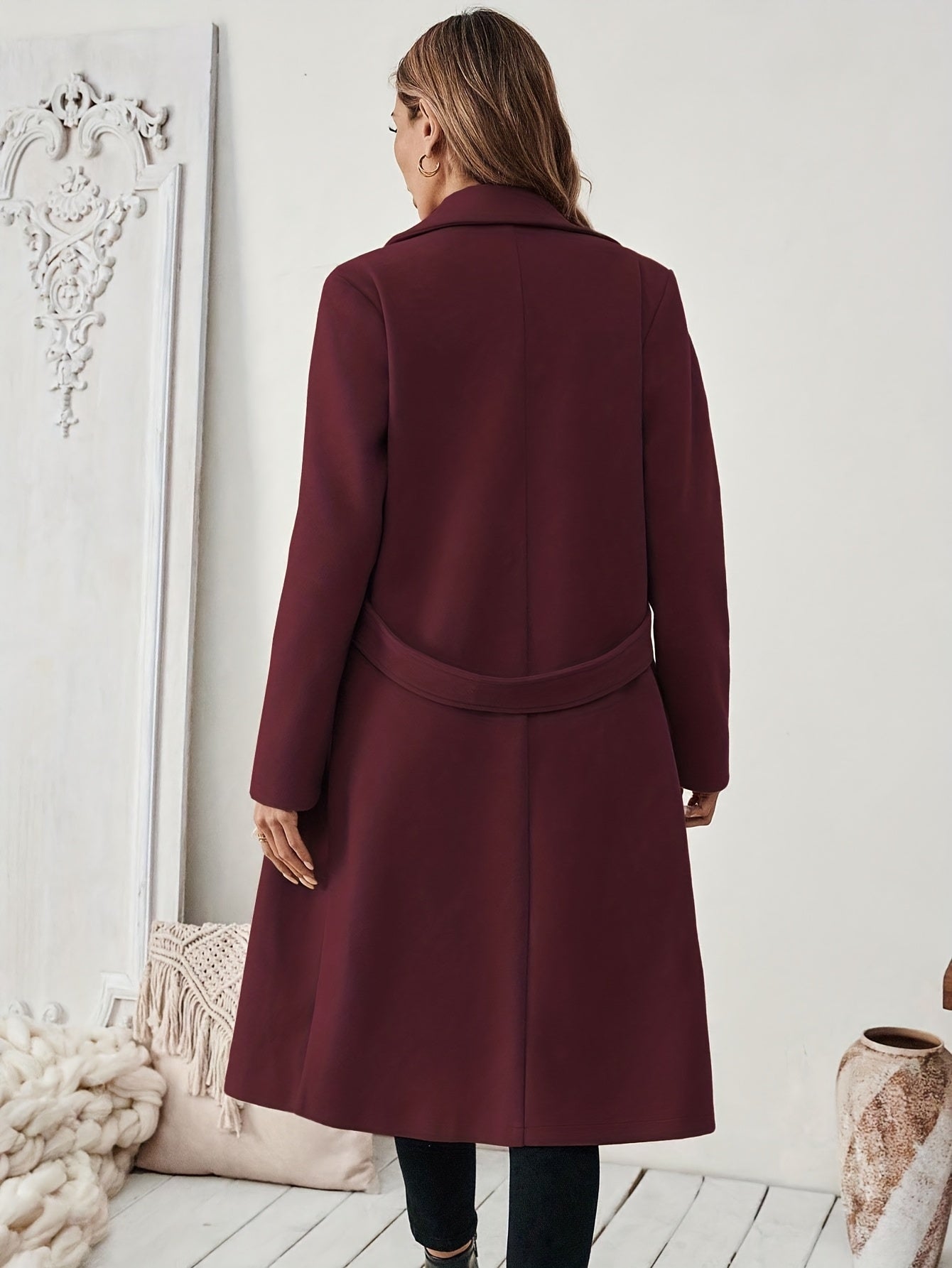 Women's Elegant Long Black Tweed Coat with Adjustable Belt - H-Silhouette Asymmetrical Hem, Machine Washable Winter Trench Coat for Fall & Winter, Office to Evening Versatile Outerwear, Notch Lapel Design