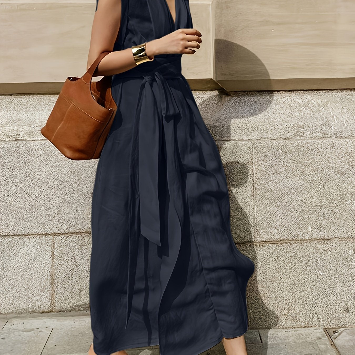 Solid Color Spring And Summer Linen Blend Sleeveless Dress with Pockets, Belt, And an Elegant French Style, Perfect for Vacations.