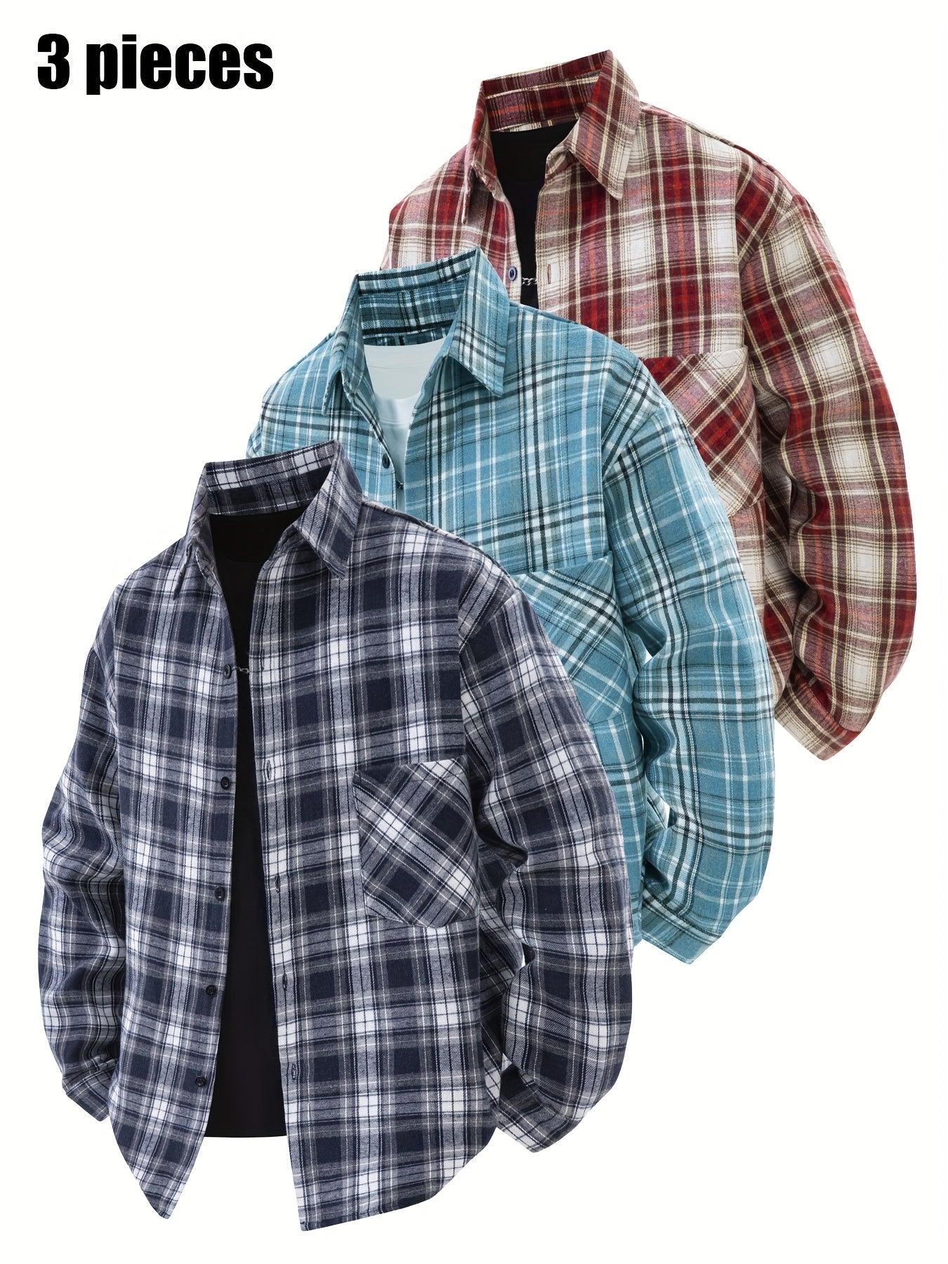 Set di 3 camicie a quadri da uomo - Camicie casual a vestibilità ampia con bottoni, colletto, maniche lunghe e tasche sul petto per abbigliamento primaverile/autunnale da esterno, capispalla versatili e alla moda, abbigliamento primaverile autunnale | Des