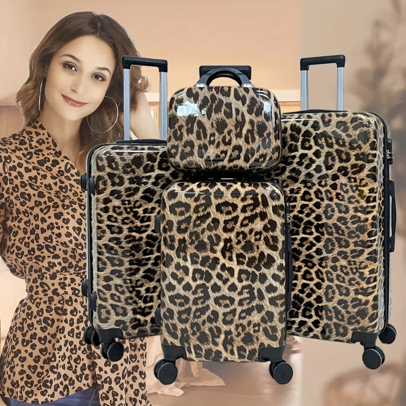 Valigia con Motivo Leopardo 14+20+24+28 14+20 Pollici con Ruote Girevoli a 360°, Borsa a Mano in Materiale ABS+pz, Confezione Regalo per Compleanno