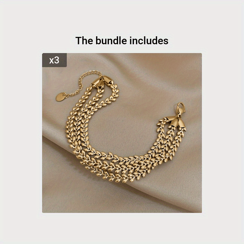 Women's Stainless Steel Wheat Design Golden-Tone Multi-Layer Chain Bracelet - Adjustable Lobster Clasp Statement Jewelry for Parties, Casual Attire & Special Occasions, Fashion Accessory, Elegant Style, Stylish Craftsmanship, Accessory Enthusiasts