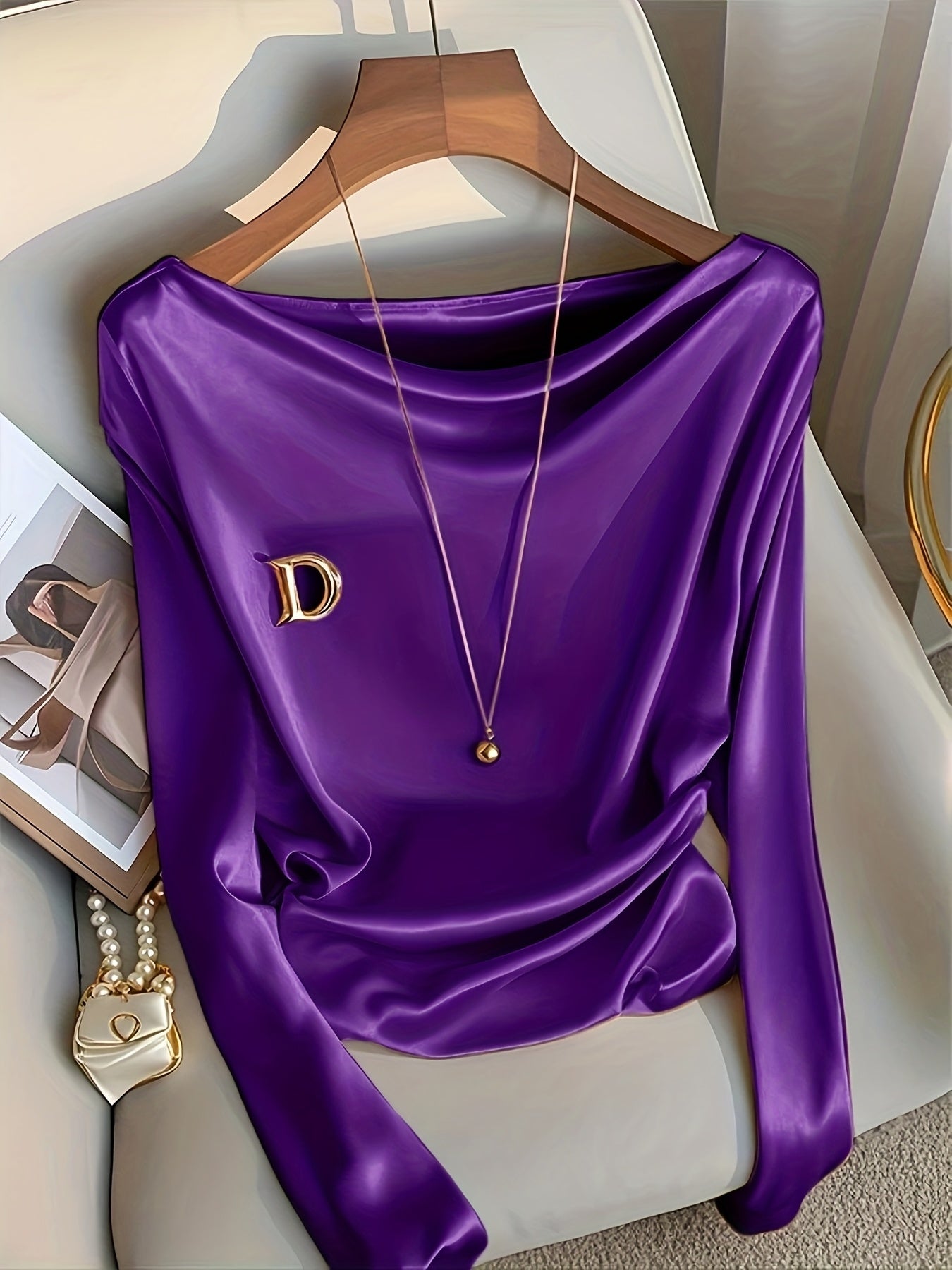 Maglietta elegante a maniche lunghe da donna - Colore solido, vestibilità slim, scollo a giro, poliestere, perfetta per feste, appuntamenti e lavoro, top elegante per tutti i giorni|Top a maniche lunghe e sottili|Tessuto in poliestere