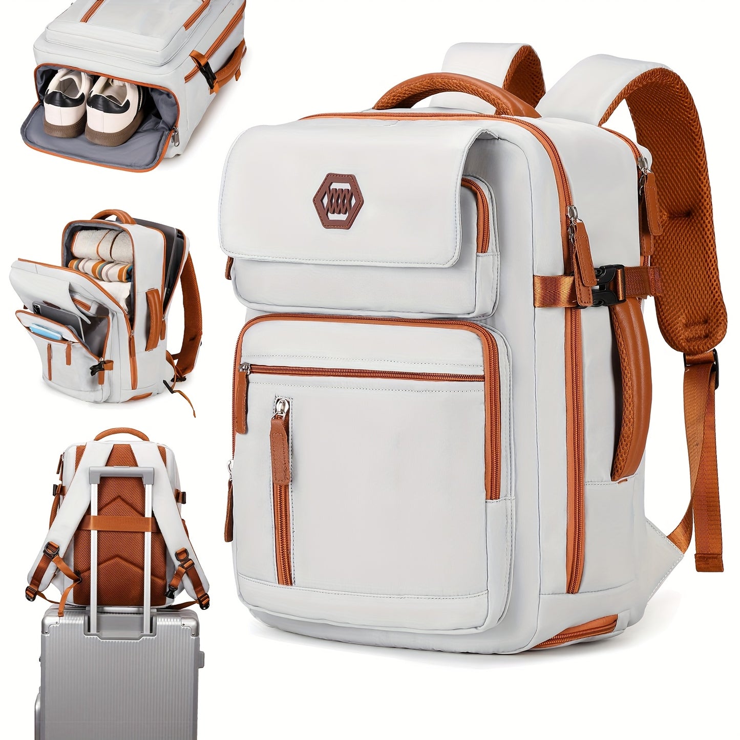 ZAINO DA VIAGGIO PER LAPTOP APPROVATO DALL'AEROPORTO da 39.62 cm con Scomparto per Scarpe e Cinghia per Bagaglio - Zaino Resistente per Affari ed Escursionismo in Beige e Marrone, Scomparti Multipli, Spallacci Regolabili, Solo Lavaggio a Mano, Design Eleg