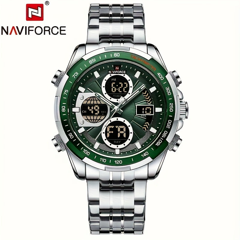 Orologio Sportivo di Lusso da Uomo NAVIFORCE al Quarzo - Impermeabile, Cinturino in Vera Pelle, Doppia Esposizione con Funzioni Data e Cronografo, Cassa in Acciaio Inossidabile, Accenti Verdi, Orologio di Lusso|Dotato di Tacimetro|Cinturino in Vera Pelle