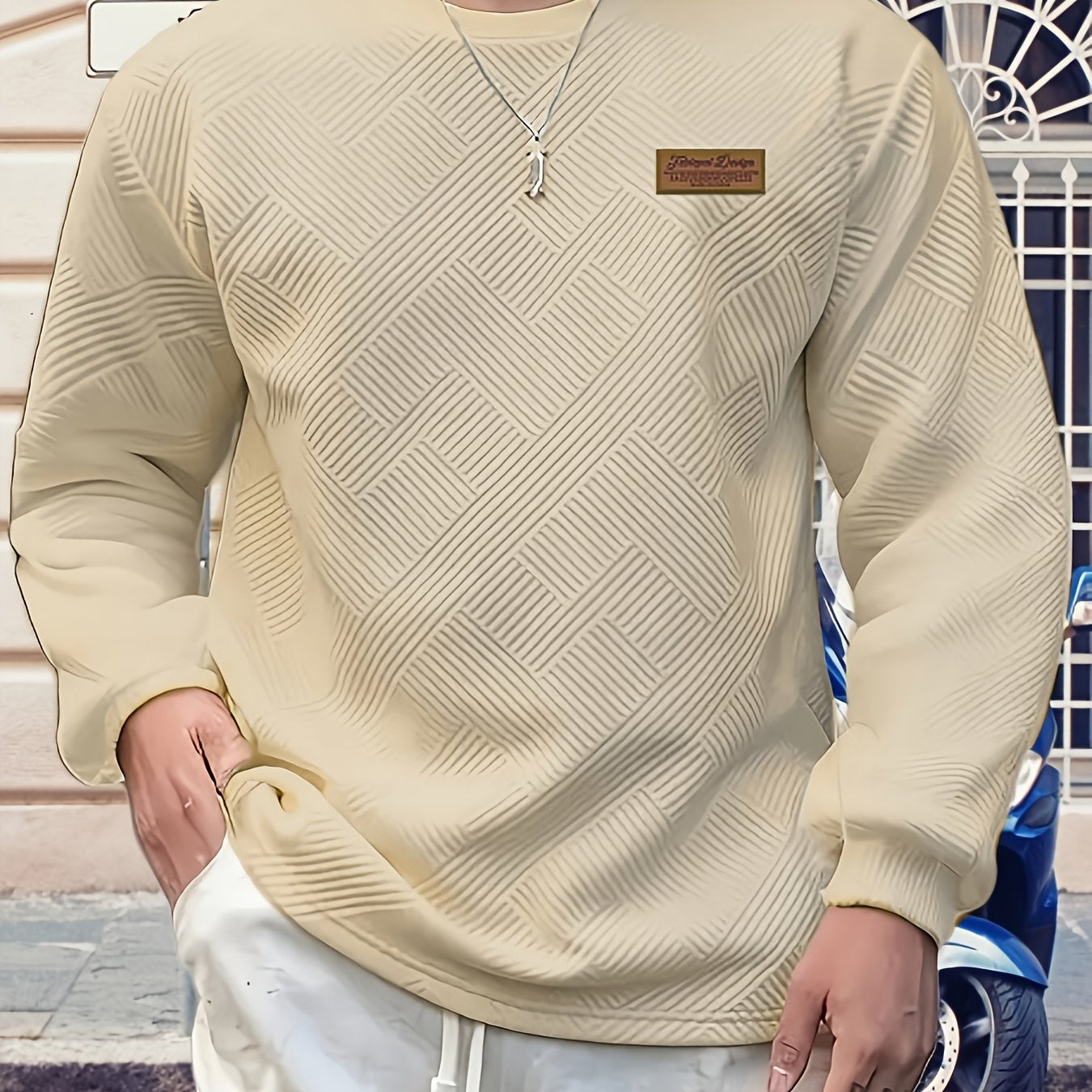 Maglione Uomo a Manica Lunga con Motivo Geometrico - Design Blu Vibrante e Nero, Taglio Regolare per Primavera/Autunno, Tessuto Comodo, Stile Casual, Cuciture di Qualità, Top Modaiolo, Abbigliamento Autunnale, Ideale per Giovani Adulti