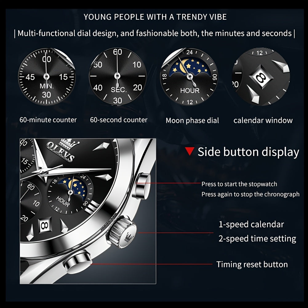 Orologio OLEVS per Uomo Classico Cronografo Pelle Marrone Cassetta Dorata Analogo Quarzo Moda Affari Abito Grande Viso Orologio da Uomo Giorno Data Luminoso Casual Maschio Orologio da Polso Regali Romantici Relojes De Hombre Blu/Nero/Bianco/Marrone Dial