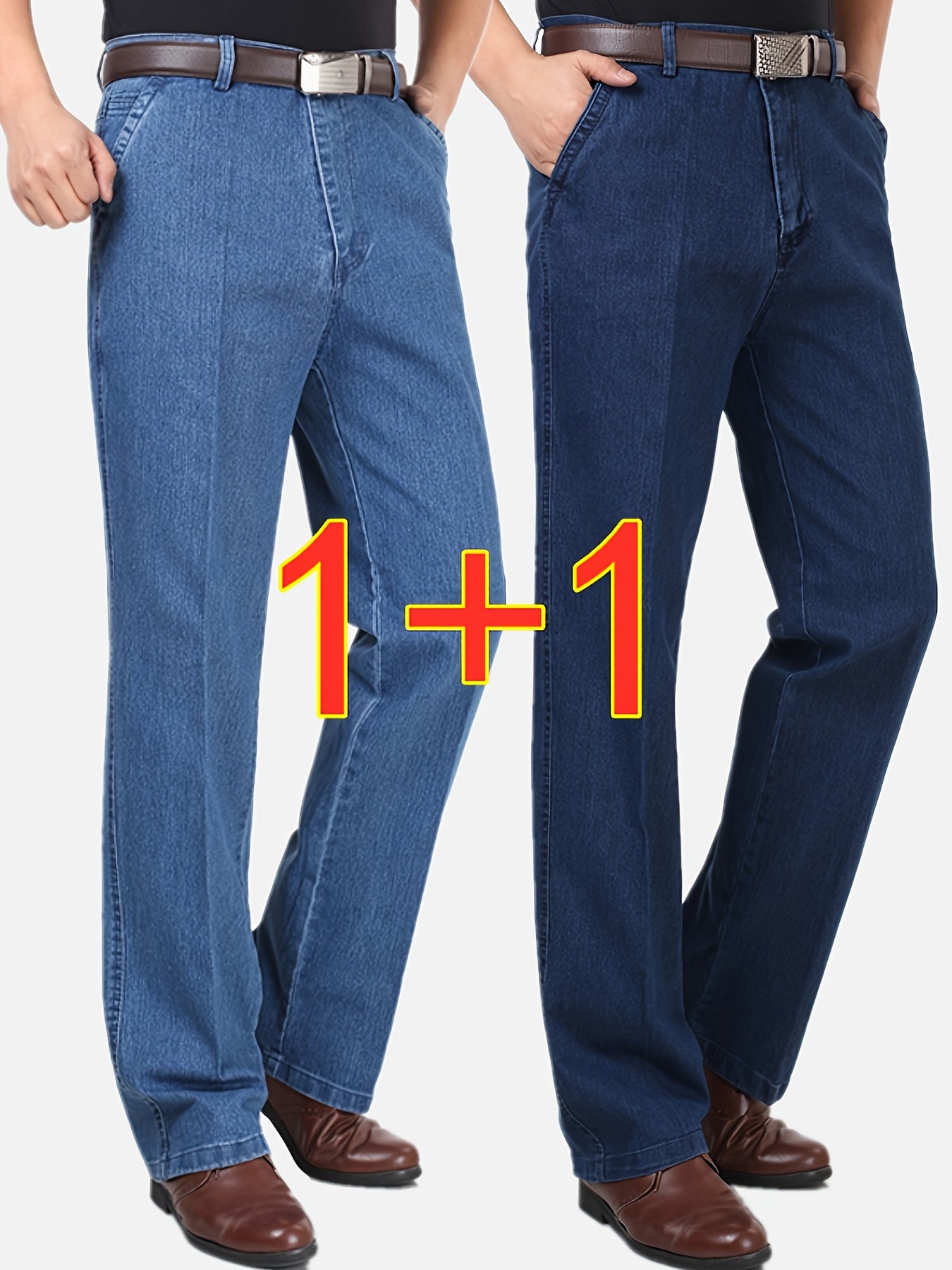 2-Pack Pantaloni da uomo in denim finto a vita alta e gamba dritta - Pantaloni da estate leggeri in denim finto con elastico in vita e cerniera integrata, vestibilità ampia, pantaloni casual in blu chiaro e blu scuro, comfort per tutte le stagioni per abb