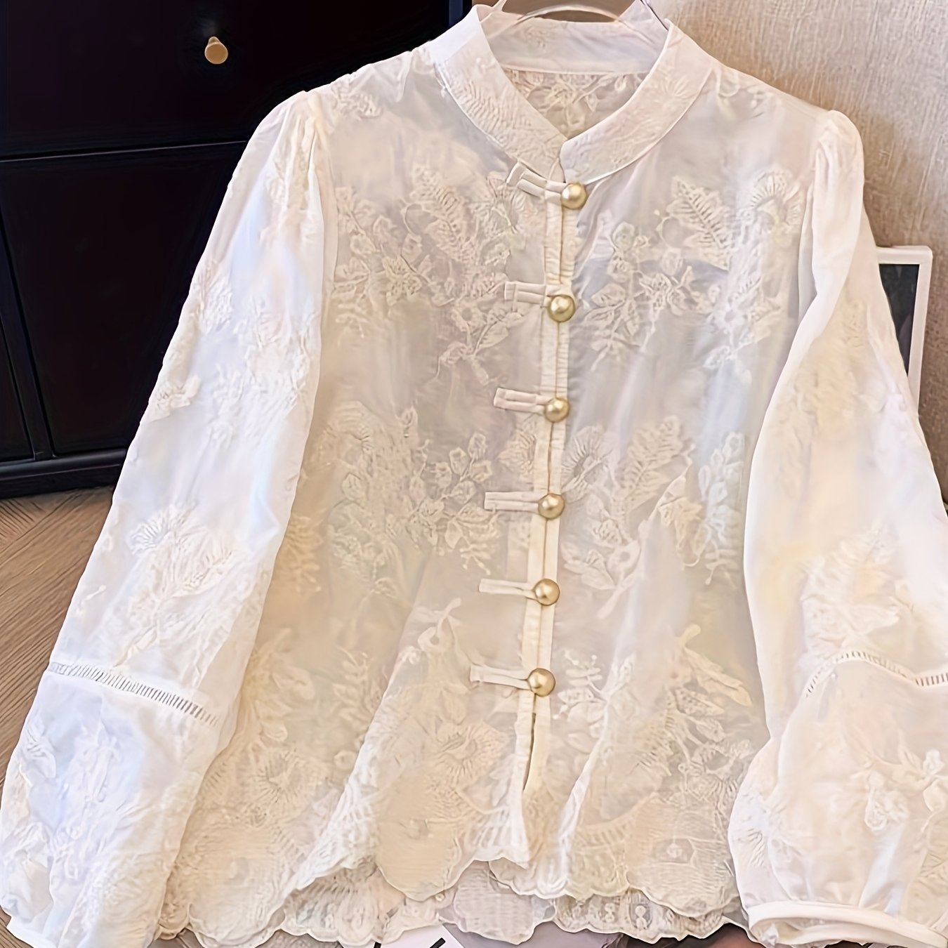 Women's Elegant Chinese-Style Embellished Blouse - Semi-Sheer Stand Collar Button-Front Jacket with Golden-Tone Floral/Butterfly/Lanterns/Clouds Patches, White Traditional Asian-Inspired Top for Weddings & Cultural Events (Machine, Elegant Two Piece Sets