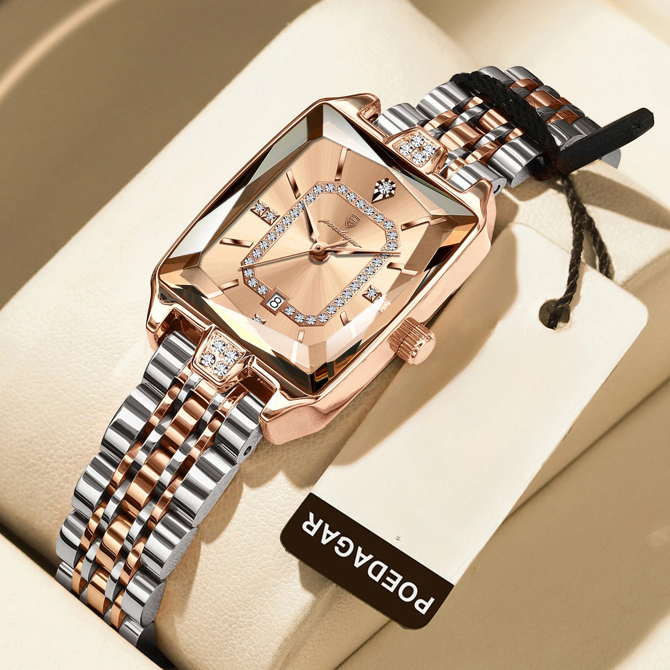 Orologio di lusso per donne POEDAGAR - Elegante calendario impermeabile con visualizzazione della data, orologio quadrato in acciaio inossidabile, cassetta in lega di zinco, cinturino in acciaio inossidabile, stile casual, accessorio elegante | Design ele