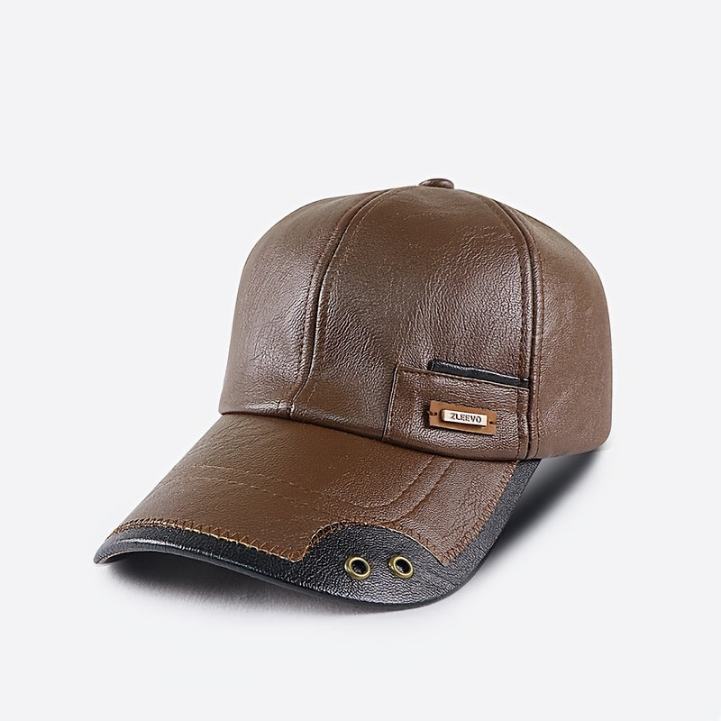 1pz Cappello da baseball casual in similpelle da uomo, cappello invernale alla moda regolabile con fodera in pile per persone di mezza età e anziani