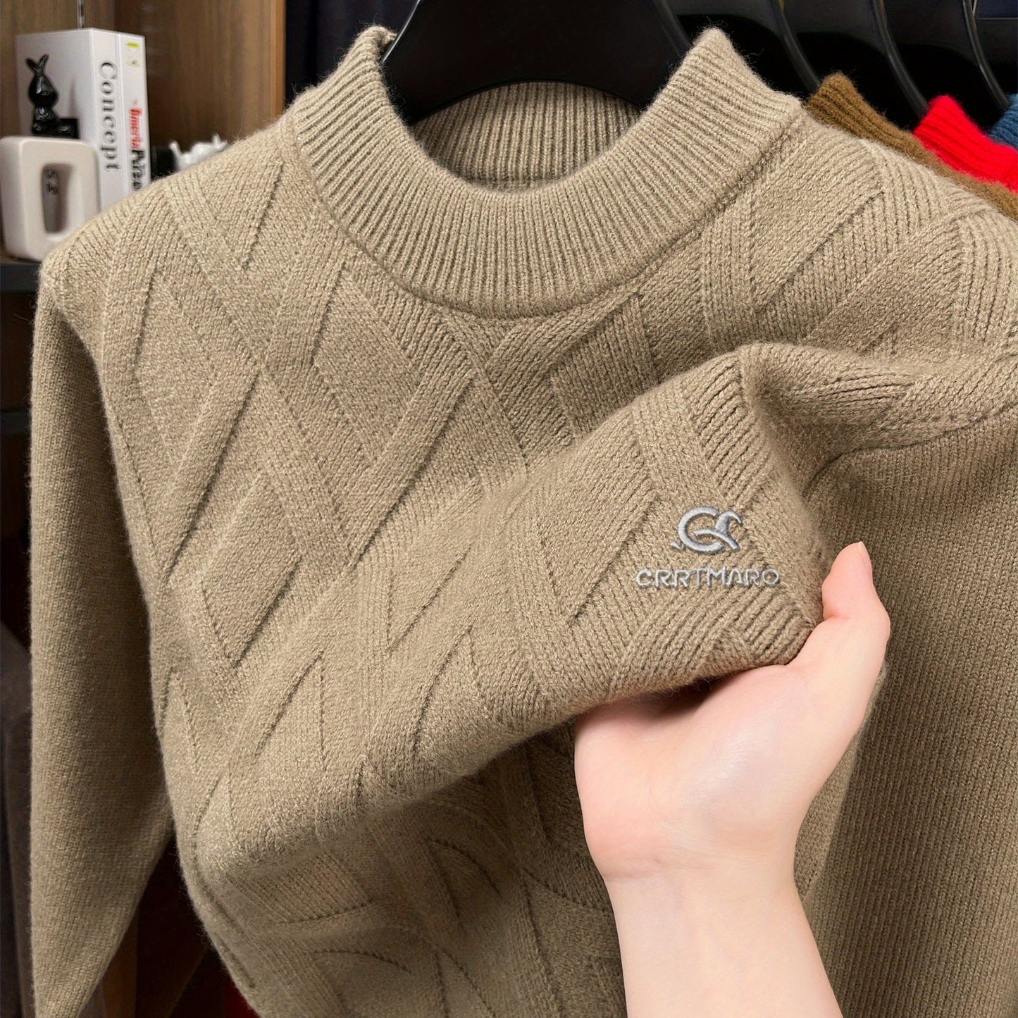 Maglione termico da uomo CARTMARO - Maglione invernale pesante con scollo rotondo, strato base spesso per il freddo per abiti formali e quotidiani - Marrone/rosso scuro - Maglione facile da curare per ufficio, feste, abbigliamento casual - Abbigliamento a