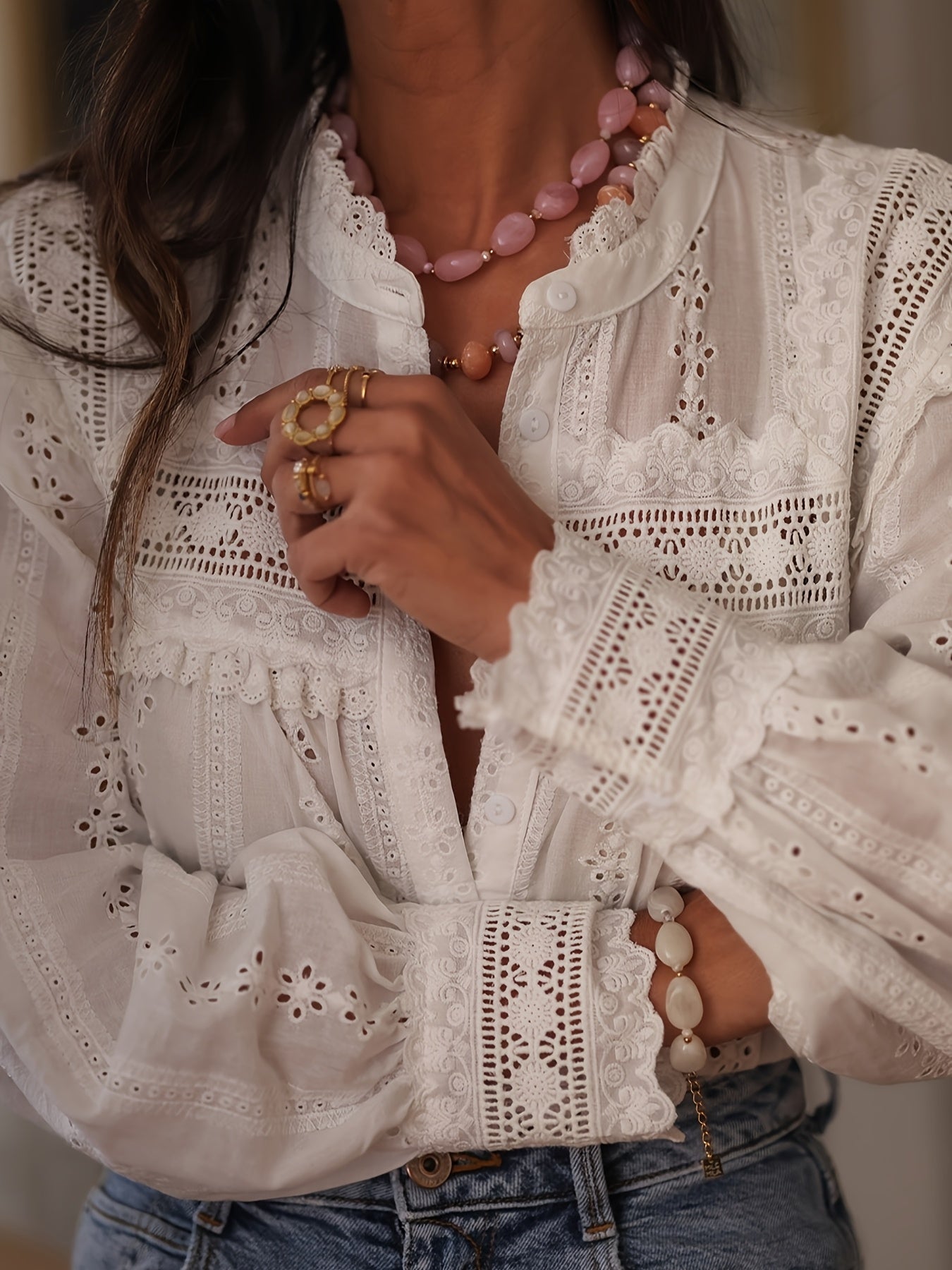 Women'S French-Inspired Elegant Long Sleeve Blouse with Lace Detailing - Round Neck, Button-Up Shirt in White, Perfect for Spring/Summer/Fall, Casual to Formal Wear, Casual Attire | Frenchinspired Blouse | Lace Detailing, Ladies Blouses