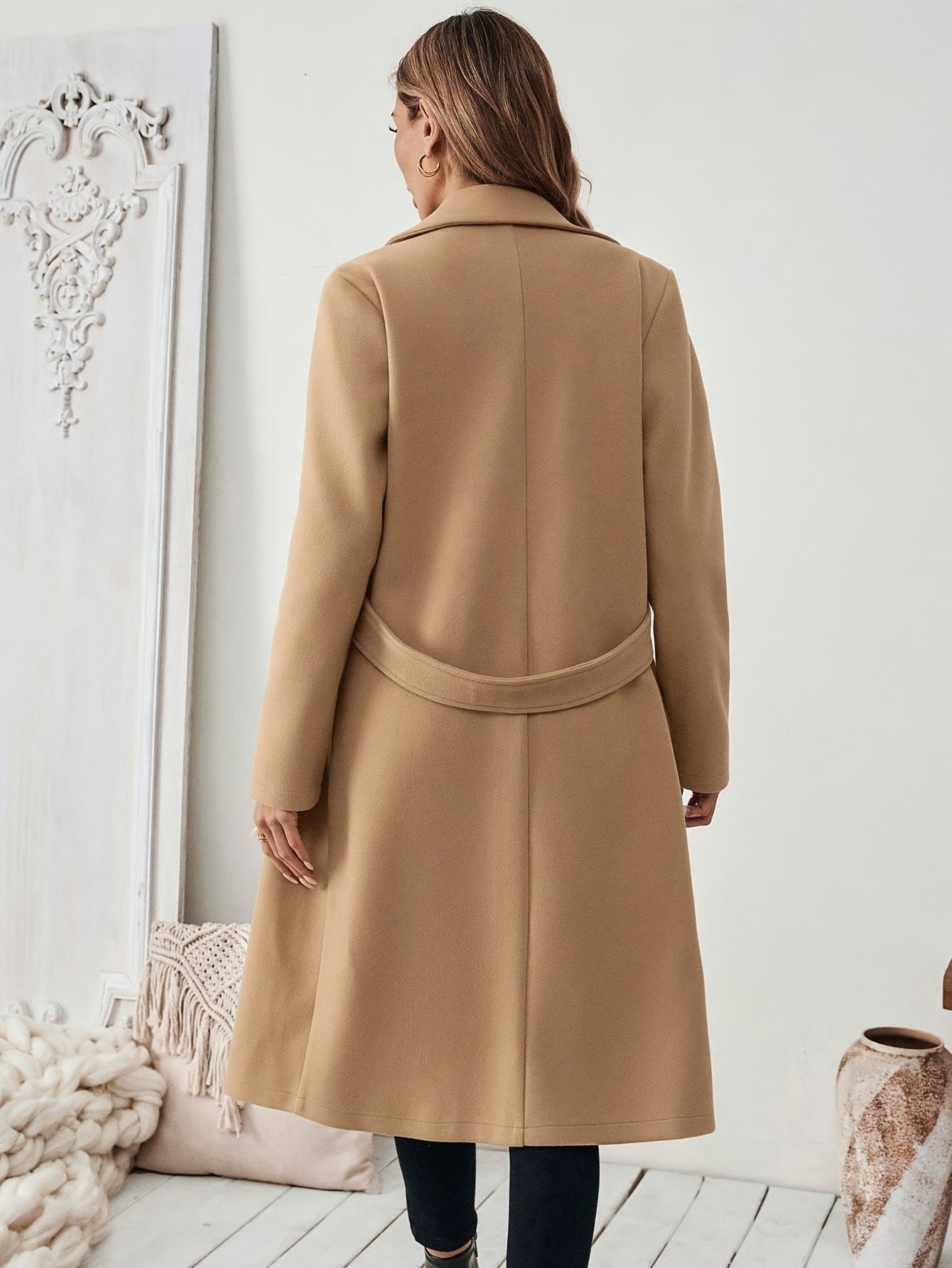 Women's Elegant Long Black Tweed Coat with Adjustable Belt - H-Silhouette Asymmetrical Hem, Machine Washable Winter Trench Coat for Fall & Winter, Office to Evening Versatile Outerwear, Notch Lapel Design