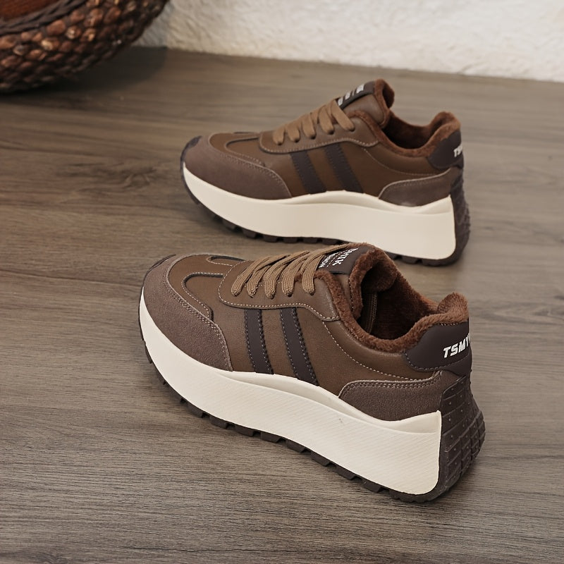 Scarpe da ginnastica invernali da donna con fodera in pile - Scarpe basse con lacci in pelle sintetica con design ricamato e suola spessa e morbida, ideali per un look casual e sportivo, scarpe da ginnastica invernali | Scarpe invernali alla moda | Suola