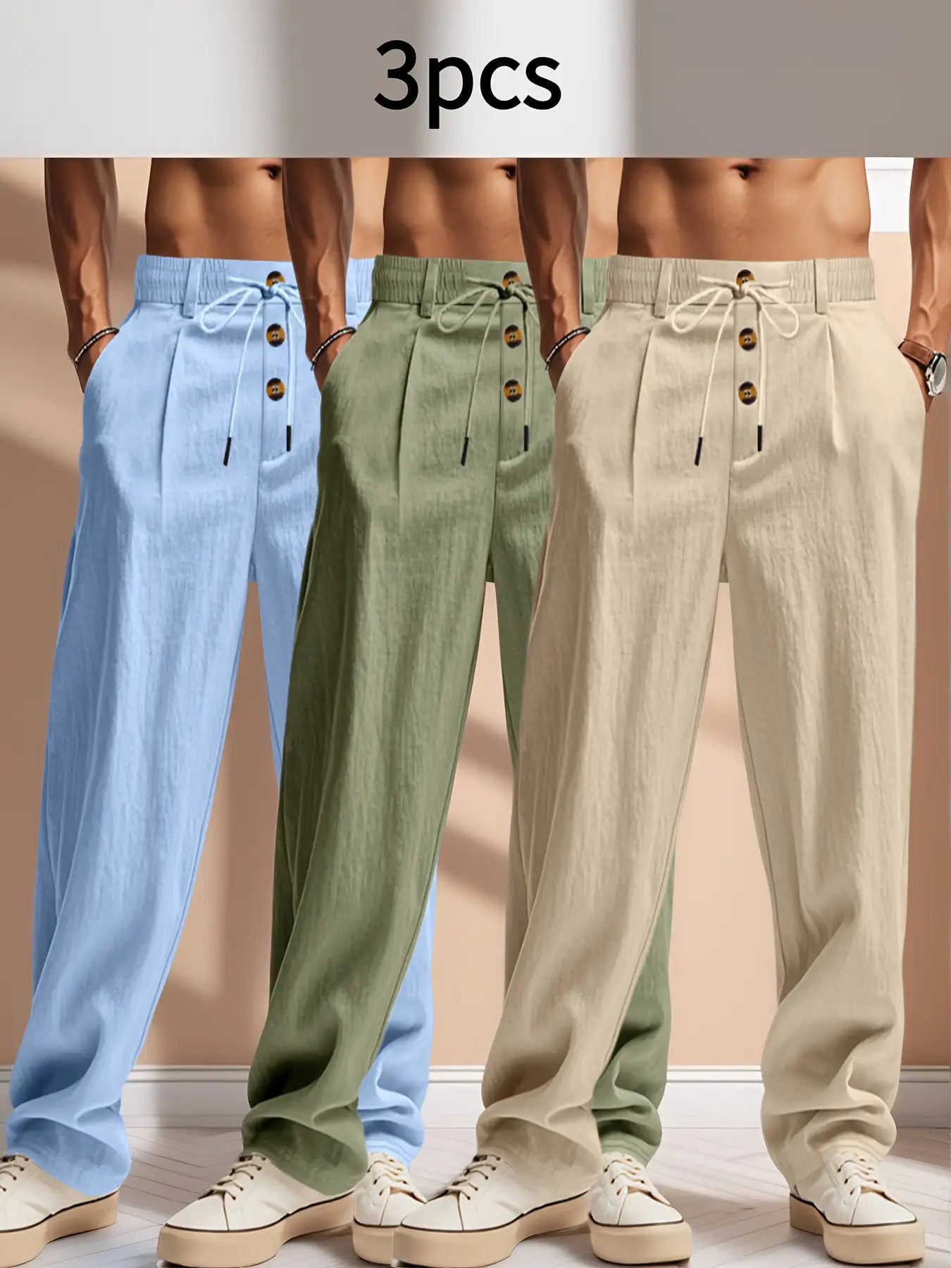 3pcs Pantaloni Casual in Lino Leggeri da Uomo - Vestibilità Rilassata Traspirante con Vita Elastica e Chiusura a Bottone, Tessuto Non Elasticizzato per Abbigliamento da Spiaggia Esterno, Comfort Tutte le Stagioni (Beige/Verde/Azzurro), Pantaloni da Spiagg