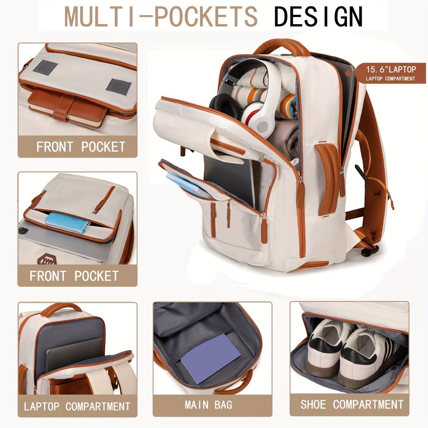 ZAINO DA VIAGGIO PER LAPTOP APPROVATO DALL'AEROPORTO da 39.62 cm con Scomparto per Scarpe e Cinghia per Bagaglio - Zaino Resistente per Affari ed Escursionismo in Beige e Marrone, Scomparti Multipli, Spallacci Regolabili, Solo Lavaggio a Mano, Design Eleg
