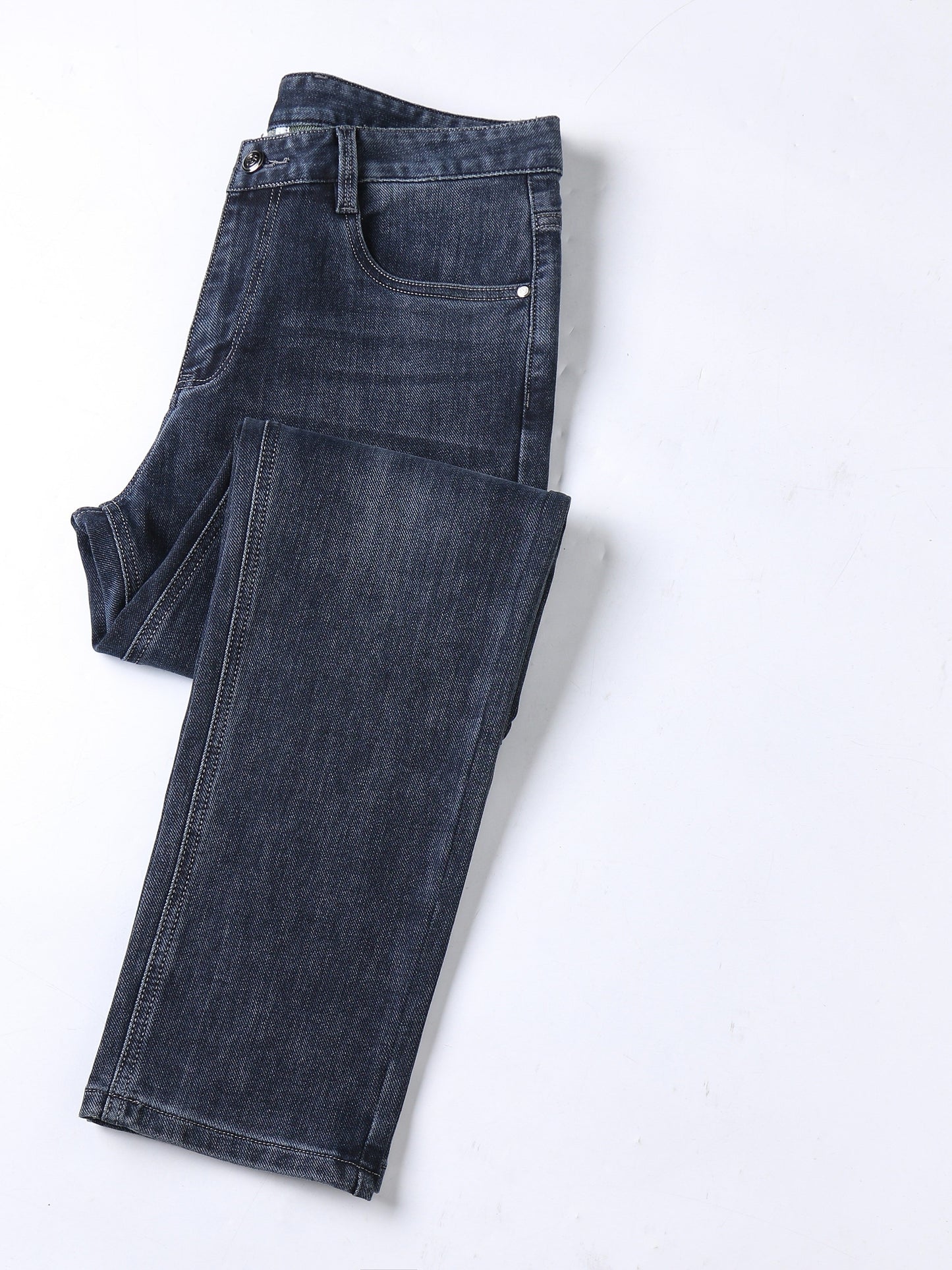 Pantaloni in denim finto elasticizzato a vita alta da uomo - Pantaloni in denim finto elasticizzato non trasparente con chiusura a bottone, design classico a cinque tasche, pantaloni formali e casual per tutte le stagioni per occasioni speciali e quotidia