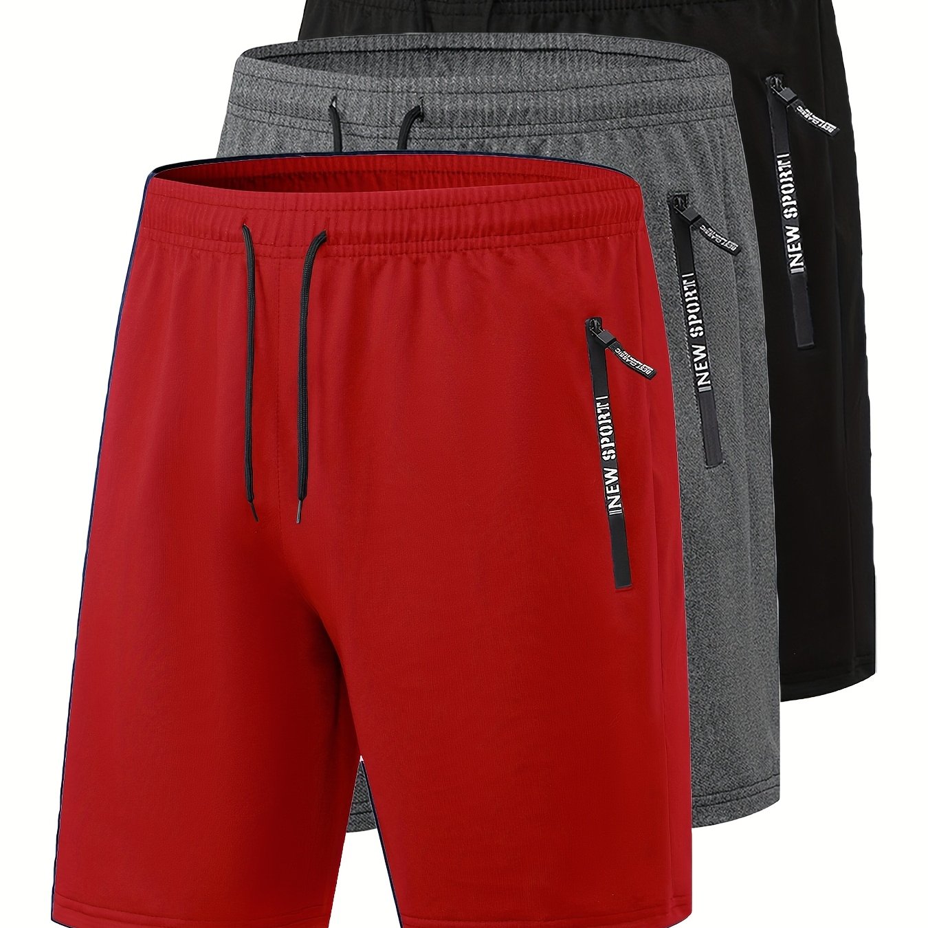 Set di 3 pantaloncini sportivi casual estivi da uomo con elastico in vita e coulisse, con tasche con cerniera, ideali per allenamenti, corsa, palestra e sport all'aria aperta.