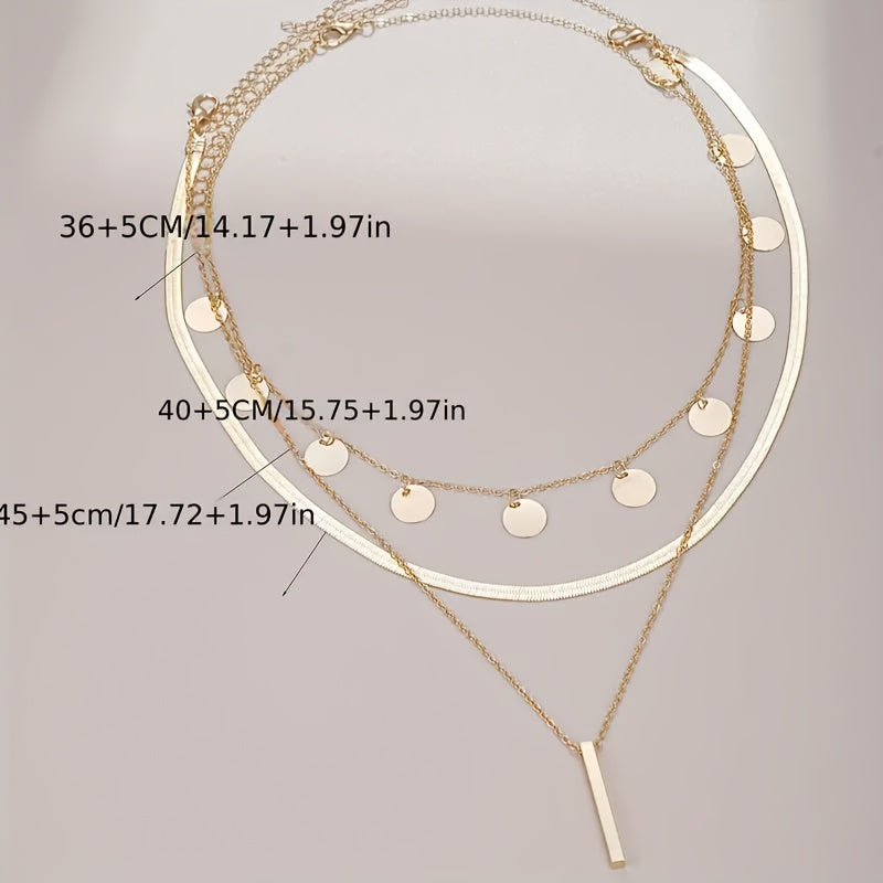 3pz Elegante Set di Collane Multi-Livello ispirate al Vintage, Lega di Zinco, con Pendenti a Disco e Fiocchi, per Donne, Ideale per l'Abbigliamento Quotidiano e le Occasioni Speciali
