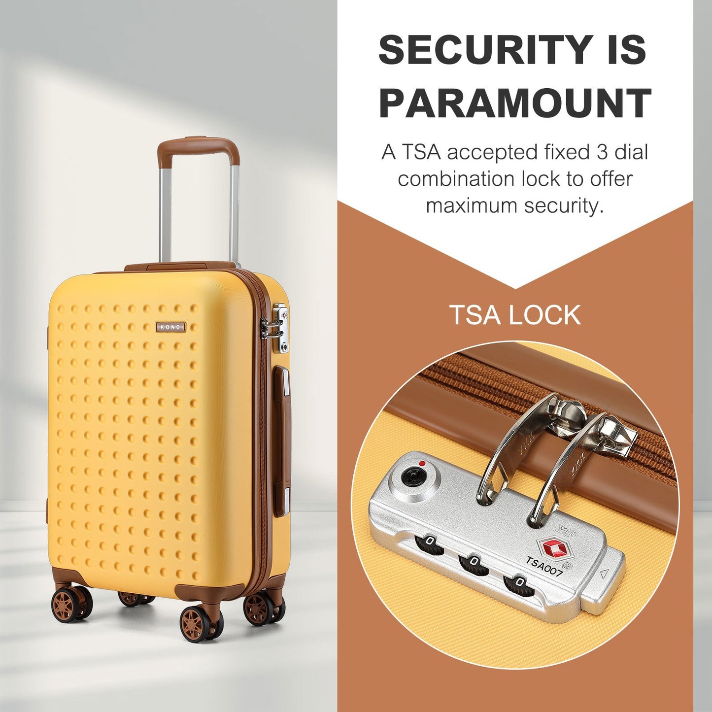 Set di 4 Valigie da 14/20/24/28 pollici Kono Elegante in ABS+PC a Pois con Guscio Rigido e Serratura TSA, Set di 4 Pezzi con Valigetta da Toilette, Bagagli da Viaggio Durevoli con Serratura TSA e Ruote Silenziose