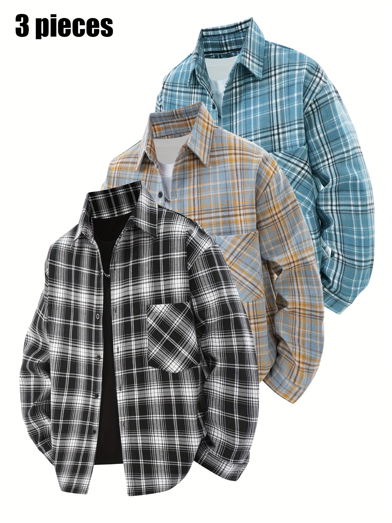 Set di 3 camicie a quadri da uomo - Camicie casual a vestibilità ampia con bottoni, colletto, maniche lunghe e tasche sul petto per abbigliamento primaverile/autunnale da esterno, capispalla versatili e alla moda, abbigliamento primaverile autunnale | Des