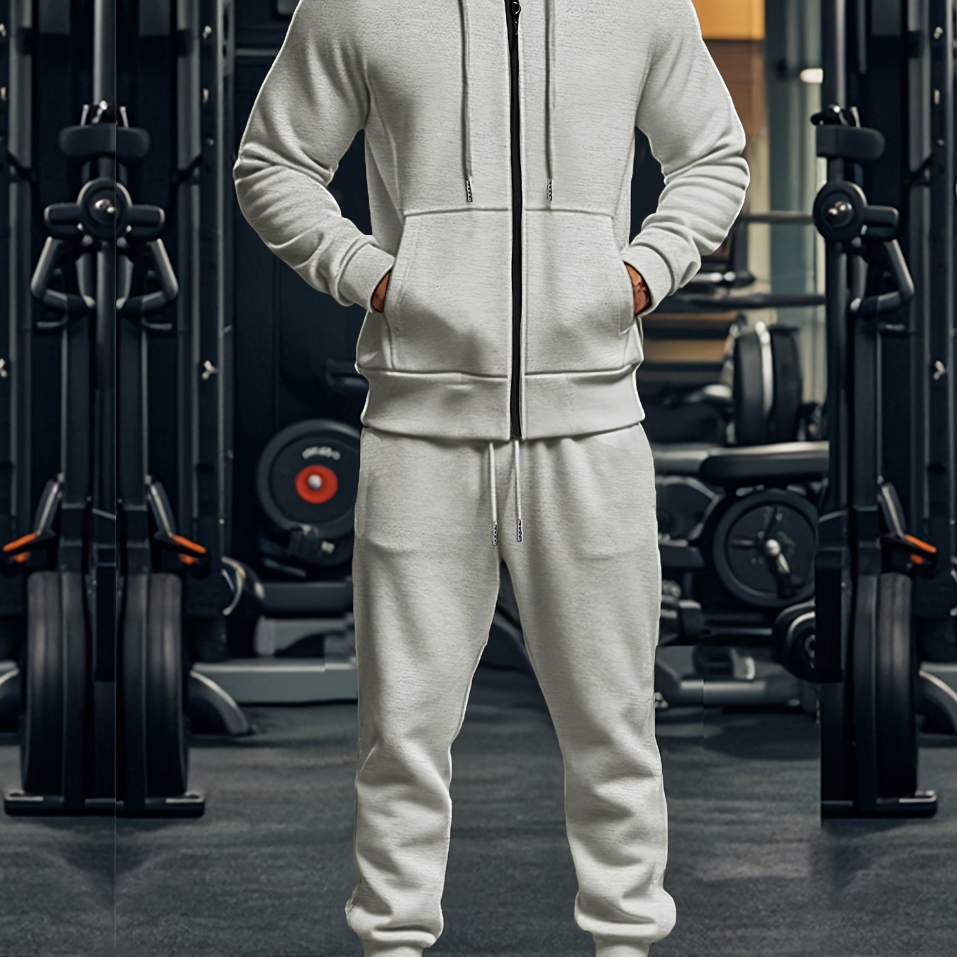 Set di 2 pezzi da uomo con felpa con cappuccio a tinta unita a maniche lunghe + pantaloni, set casual sportivo da fitness coordinato