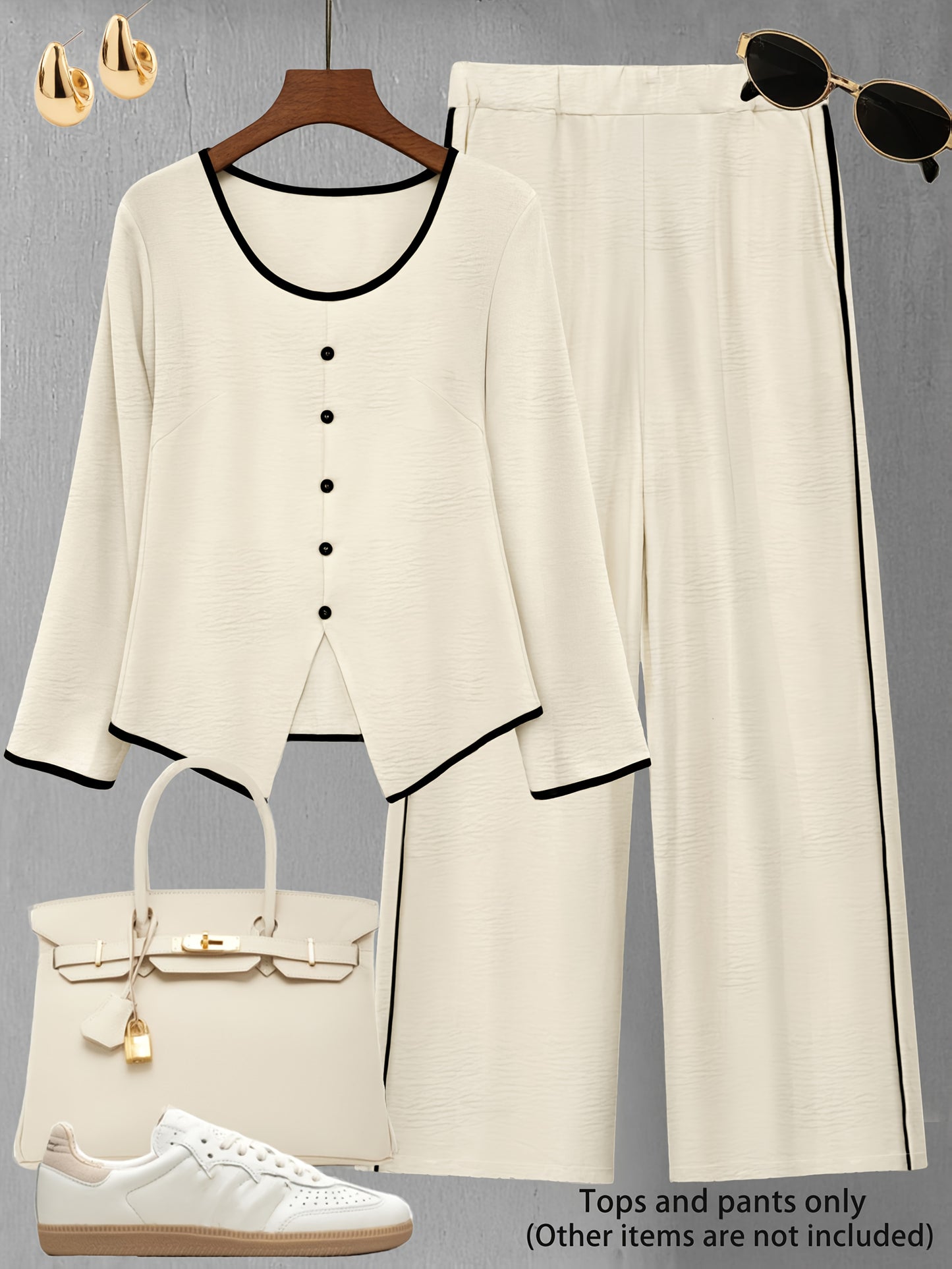 Set di pantaloni alla moda per donna, composto da top a maniche lunghe color block e pants casuali: un set elegante