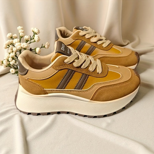 Sneakers Casual da Donna - Suola Spessa, Scarpe da Passeggio Stile Coreano con Strisce Marroni e Bianche, Design Basso con Lacci, Tomaia in Tessuto Confortevole e Suola Ammortizzata in EVA per Streetwear in Tutte le Stagioni, Calzature Casual | Scarpe all