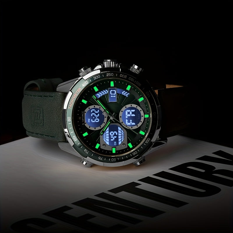 Orologio Sportivo di Lusso da Uomo NAVIFORCE al Quarzo - Impermeabile, Cinturino in Vera Pelle, Doppia Esposizione con Funzioni Data e Cronografo, Cassa in Acciaio Inossidabile, Accenti Verdi, Orologio di Lusso|Dotato di Tacimetro|Cinturino in Vera Pelle
