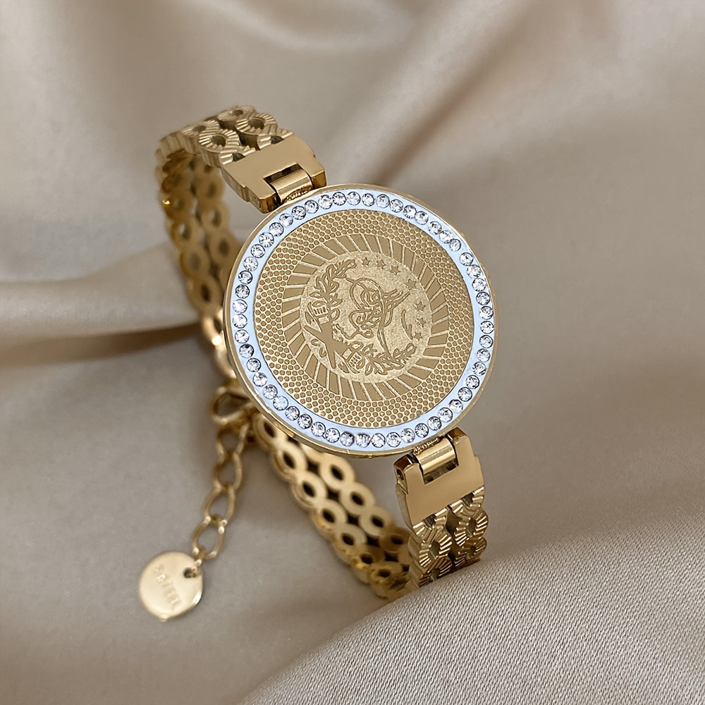 1pz Braccialetto In Acciaio Inossidabile Con Fiori E Uccelli, Rotondo Con Strass In Rilievo, Braccialetto A Cerchio Del Fiore Della Vita