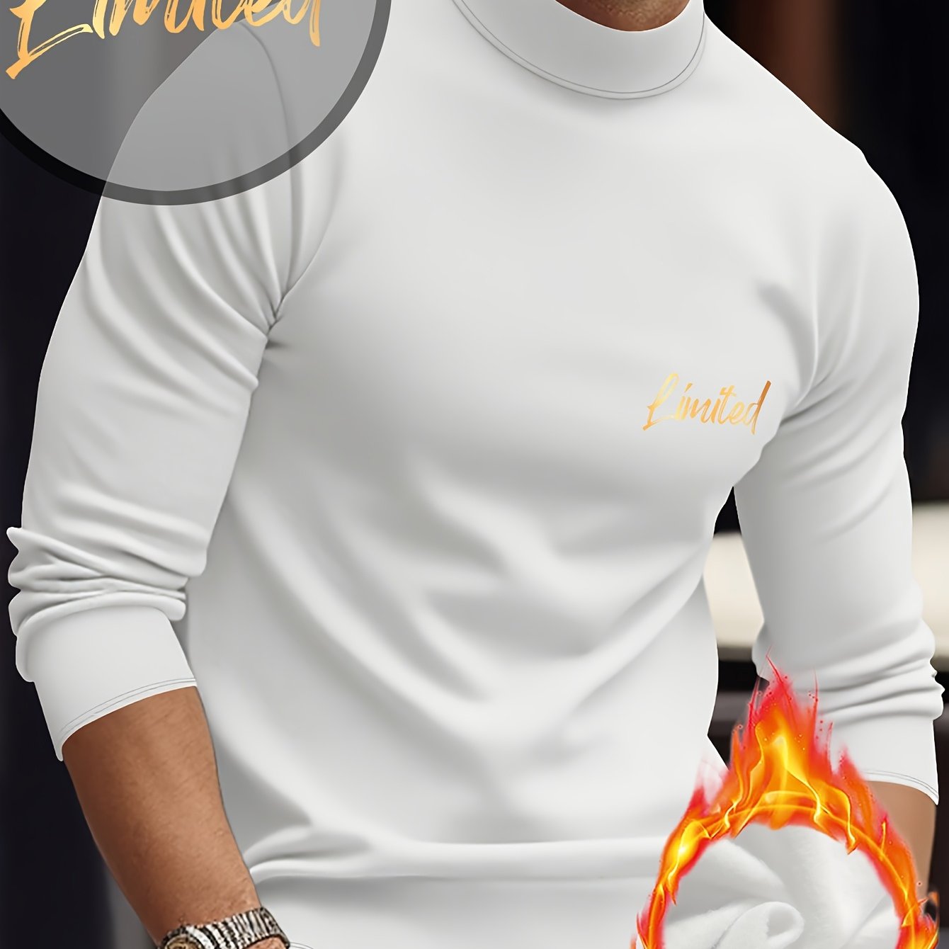 Maglietta termica a maniche lunghe e girocollo per uomo - Stampa geometrica, elastica e calda, design sportivo casual per l'autunno/inverno, bianca con lettere dorate, perfetta per sovrapporre o come outfit standalone, abbigliamento invernale | Maniche lu