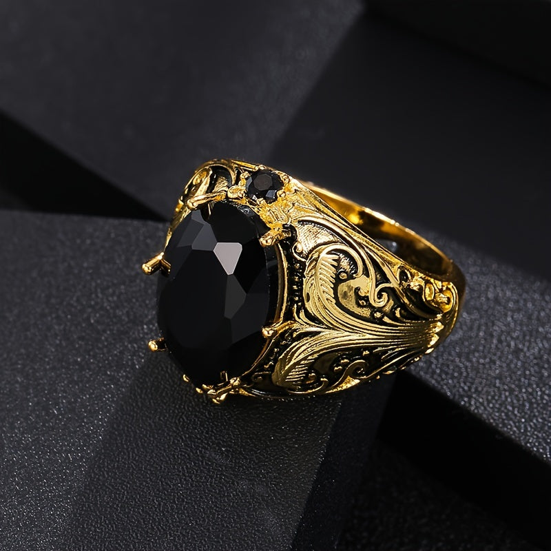 1pz Anello Vintage Stile Maschile, Inserimento in Zirconia Sintetica Ovala Nera, Lavorato in Rame, Finitura Dorata Retro, Elegante Anello Singolo Gioiello Regalo