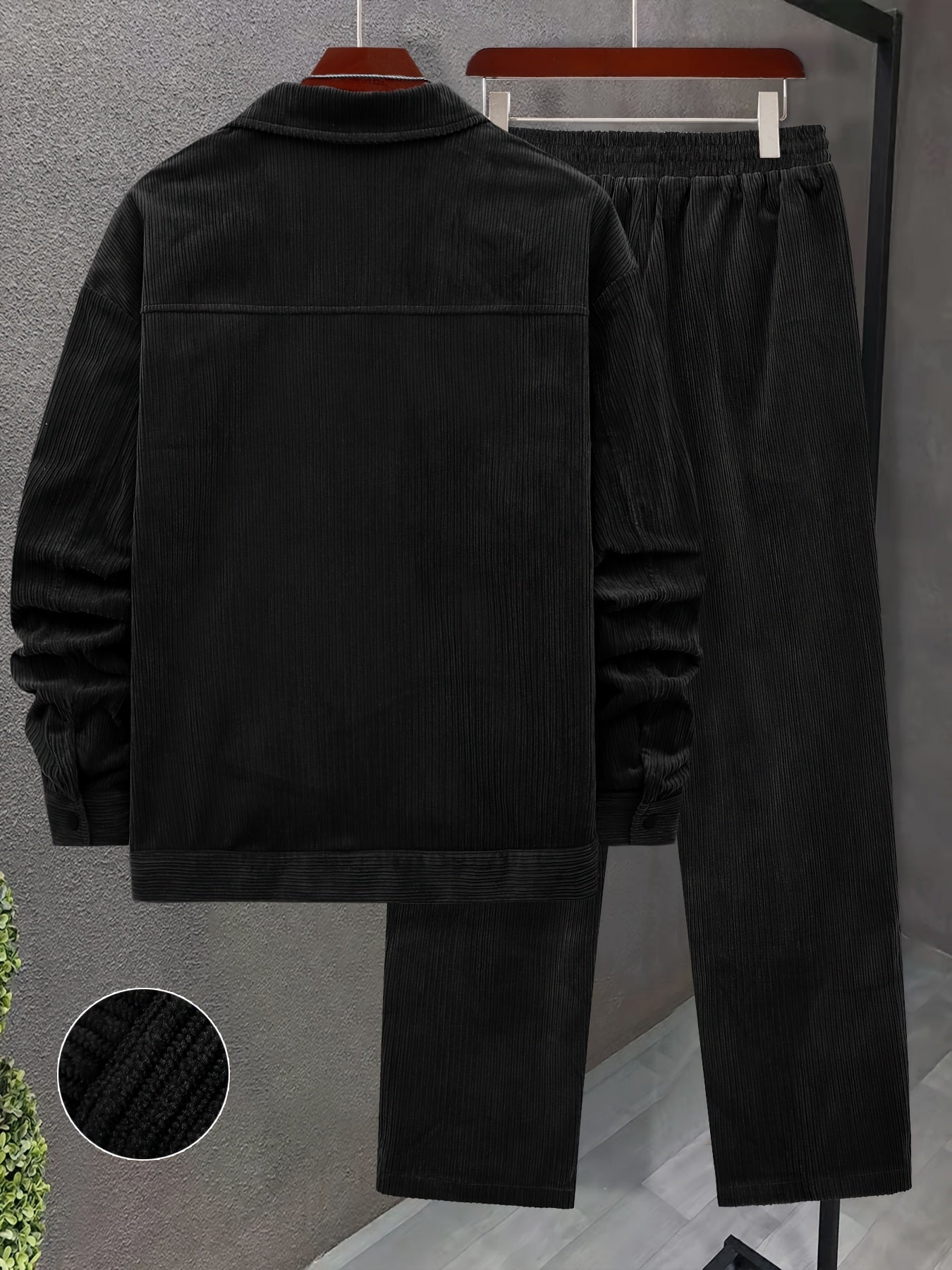 Set autunnale e invernale da uomo 2 pezzi con tessuto a coste intrecciate, tasche a doppia lavorazione, giacca a maniche lunghe e pantaloni larghi con coulisse, abito maturo per uscite casuali/ufficio/appuntamenti, 100% poliestere, lavabile a mano e in la