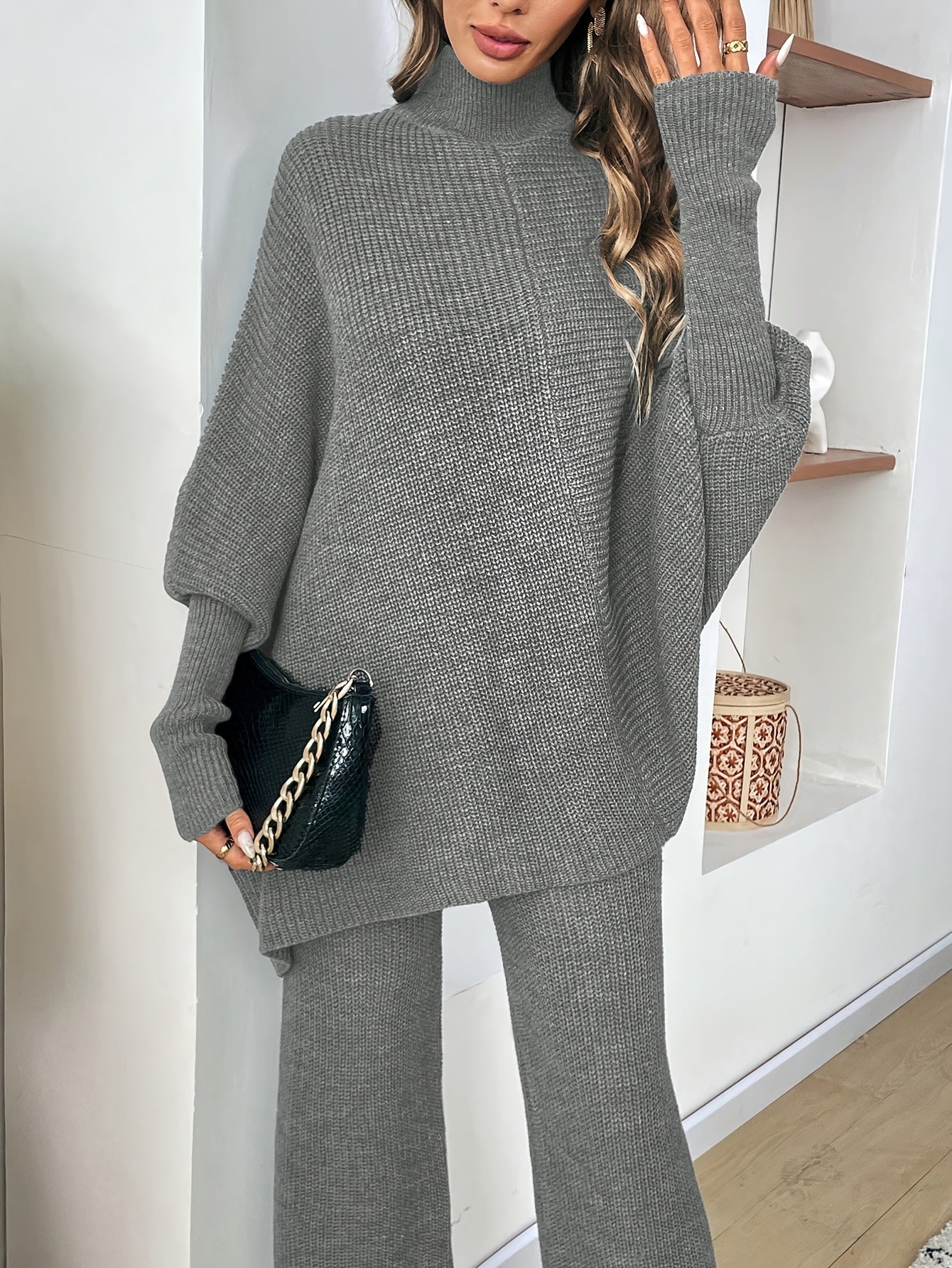 2 Pezzi Maglione Elegante con Maniche a Pipistrello - Completo Oversize con Collo Alto e Orlo Asimmetrico, Tunica Grigia Tinta Unita (Senza Abbinamento di Fantasie) | Outfit Invernali a Strati, Chic da Ufficio a Festa, Lavaggio a Mano/Lavaggio a Secco