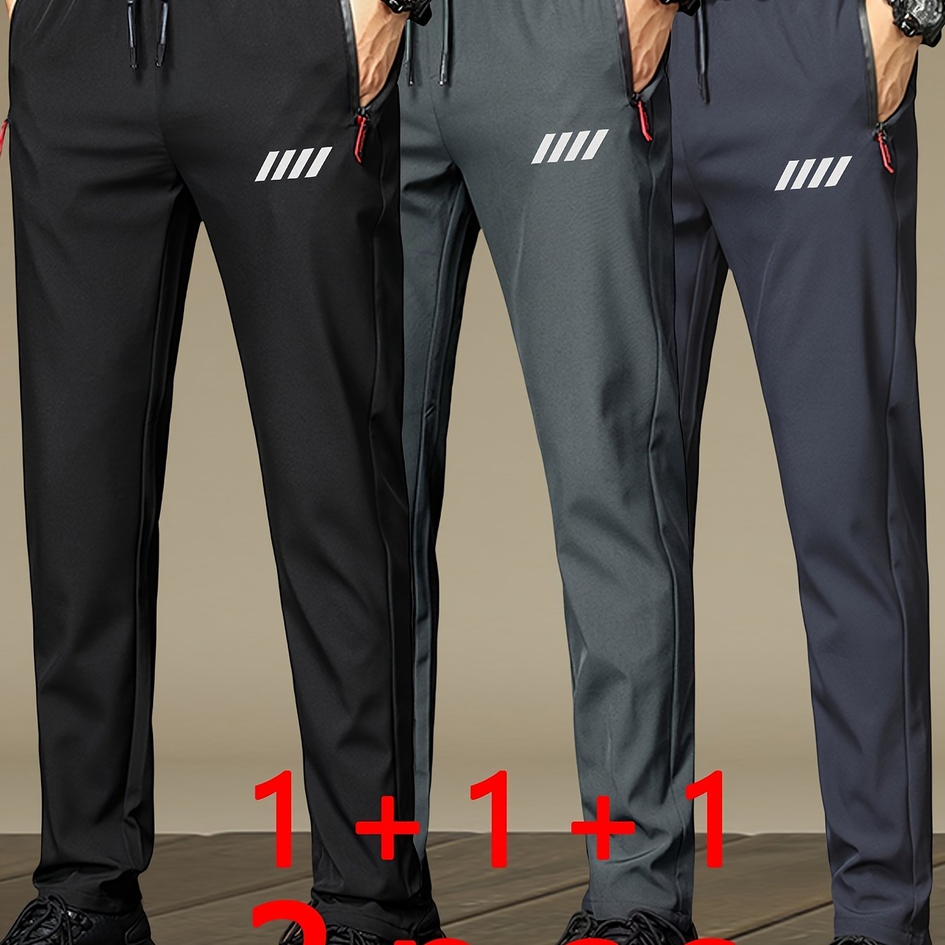 3 Pezzi di Pantaloni Sportivi da Uomo con Tasche con Cerniera, Design Stampa alla Moda, Tessuto Leggero e Traspirante per lo Sport Estivo e Abbigliamento Casual, Idea Regalo Perfetta, Pantaloni Atletici Moderni, Design Pratico delle Tasche
