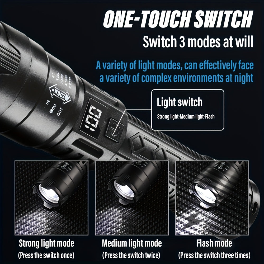 Set di 2 torce LED ricaricabili, design compatto con zoom regolabile e indicatore del livello di batteria, che offre tre opzioni di illuminazione adatte per attività all'aperto, campeggio, lavoro e situazioni di emergenza.