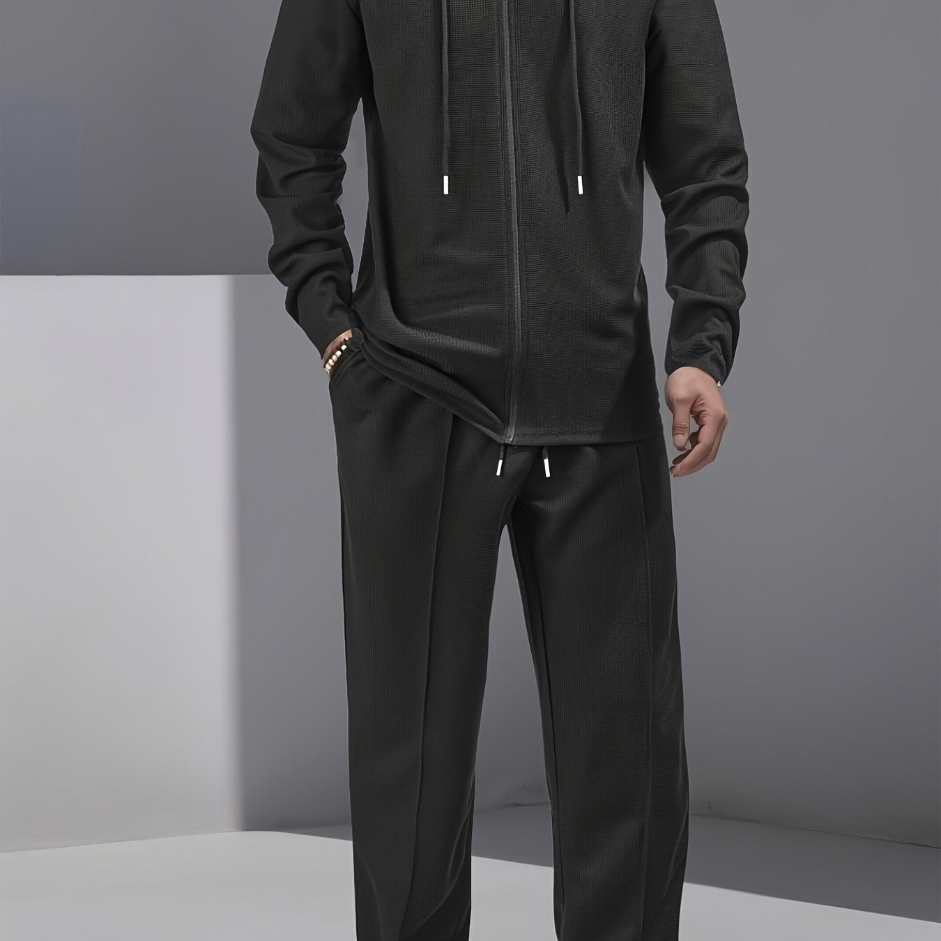 Set di 2 pezzi per uomo con cardigan con cappuccio e zip e pantaloni con coulisse - Pullover casual a maniche lunghe con tasche frontali, colore solido, outfit comodo per la primavera/autunno, abbigliamento per la primavera/autunno | Pullover con cappucci