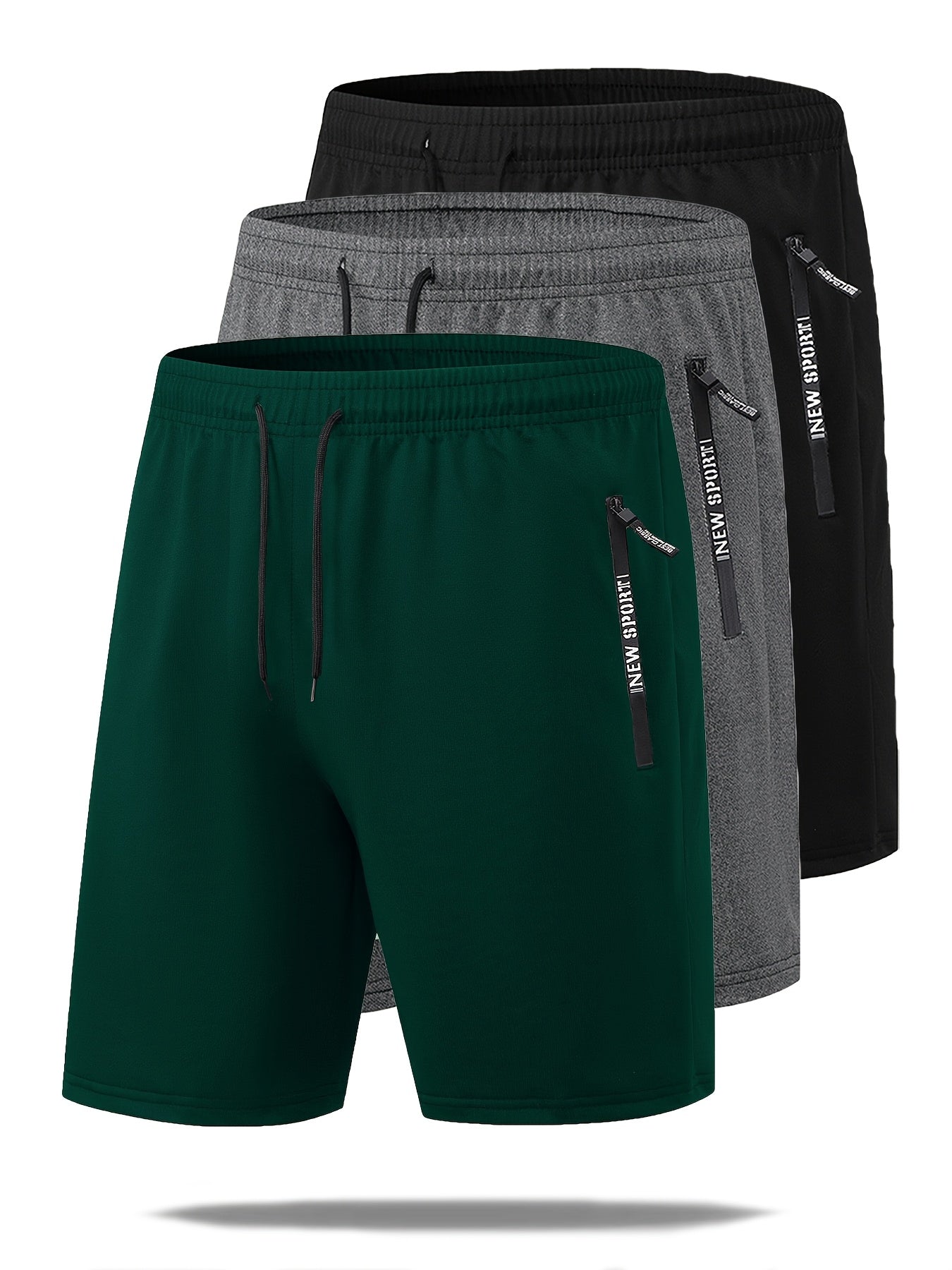 Set di 3 pantaloncini sportivi casual estivi da uomo con elastico in vita e coulisse, con tasche con cerniera, ideali per allenamenti, corsa, palestra e sport all'aria aperta.
