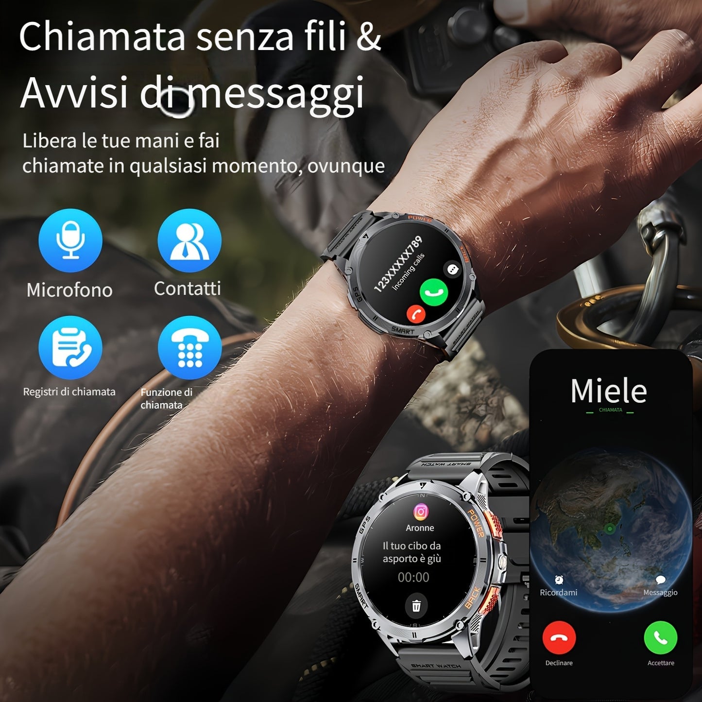 Smart Watch con posizionamento GPS reale, grande capacità di batteria, schermo touch HD AMOLED da 1,43 pollici, chiamata wireless, modalità sportiva, torcia LED, smart watch da esterno