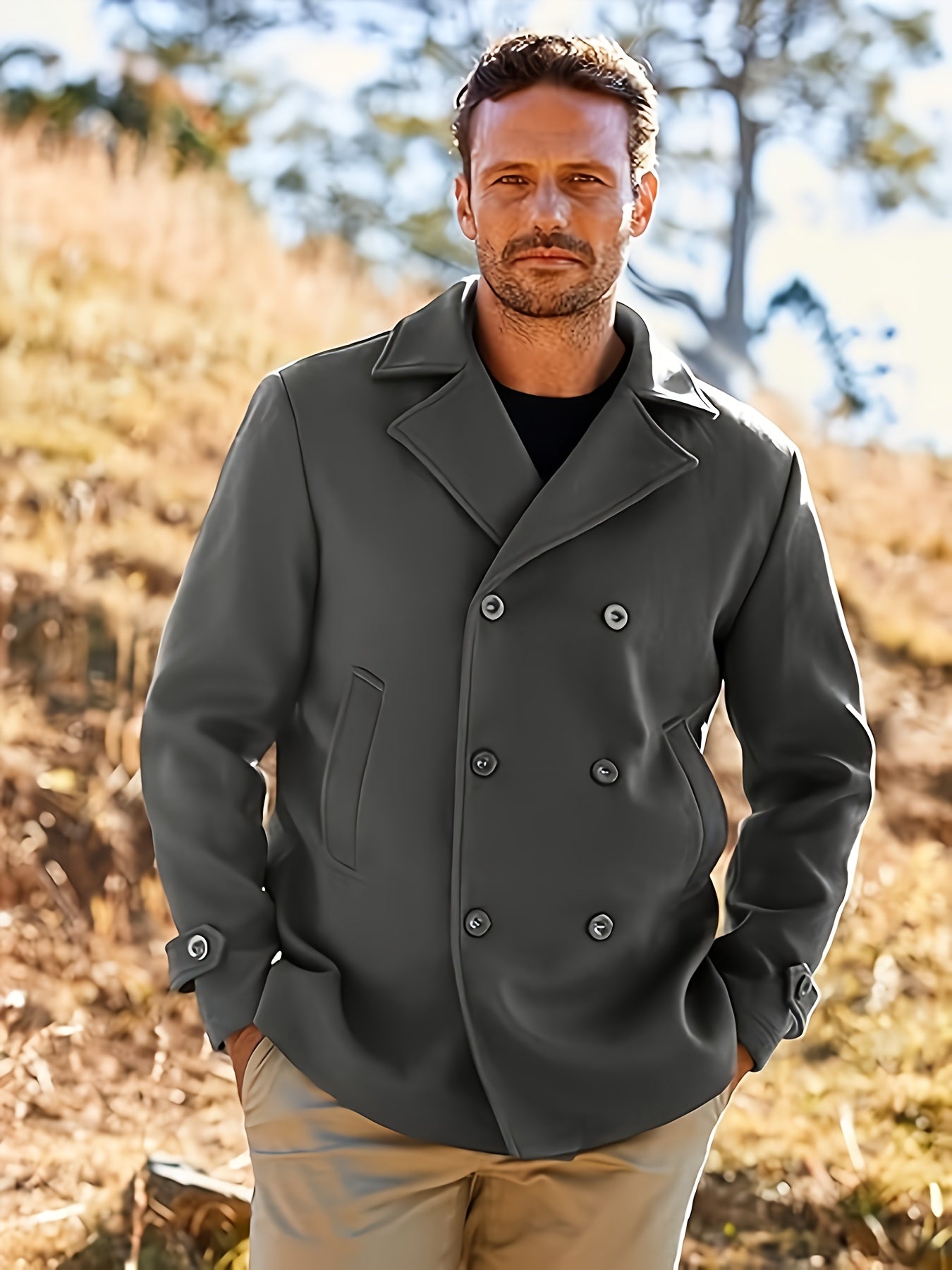 1pz Cappotto Invernale Pesante da Uomo - Giacca Doppiopetto con Colletto a Lancia, Grande Bottone sul Risvolto & Passanti in Tinta Unita (Tessuto Non Elasticizzato) - Capospalla Spesso per Taglie Grandi e Alte, Abbigliamento Casual ed Elegante (Marrone),