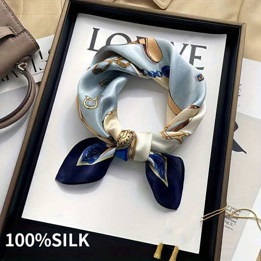Sciarpa in seta 100% mulberry - 53cm elegante sciarpa decorativa quadrata, traspirante e non elasticizzante, lavabile in lavatrice, beige con accenti blu e dorati per accessori di moda all'aperto, sciarpa decorativa | Accessorio elegante | Tessuto in seta