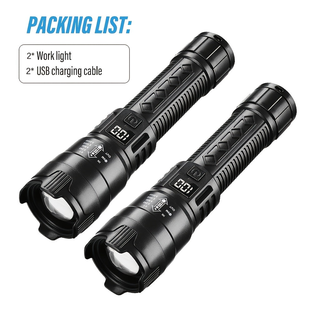 Set di 2 torce LED ricaricabili, design compatto con zoom regolabile e indicatore del livello di batteria, che offre tre opzioni di illuminazione adatte per attività all'aperto, campeggio, lavoro e situazioni di emergenza.