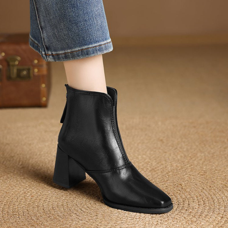 Stivali alla caviglia da donna con tacco grosso autentico - Marroni, punta rotonda, chiusura con zip, stivali comodi con tacco medio per outfit casual e formali, calzature versatili autunno inverno, calzature formali, design elegante dello stivale, suola